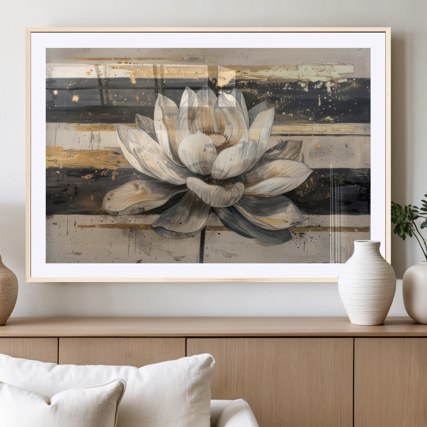 18807-MGC-FP-36x24_Natural-Lotus Flower Wall Art Canvas Print, Framed Abstract Lotus Art Picture Print, White Lotus Flower Perfect Abstract Floral Decor