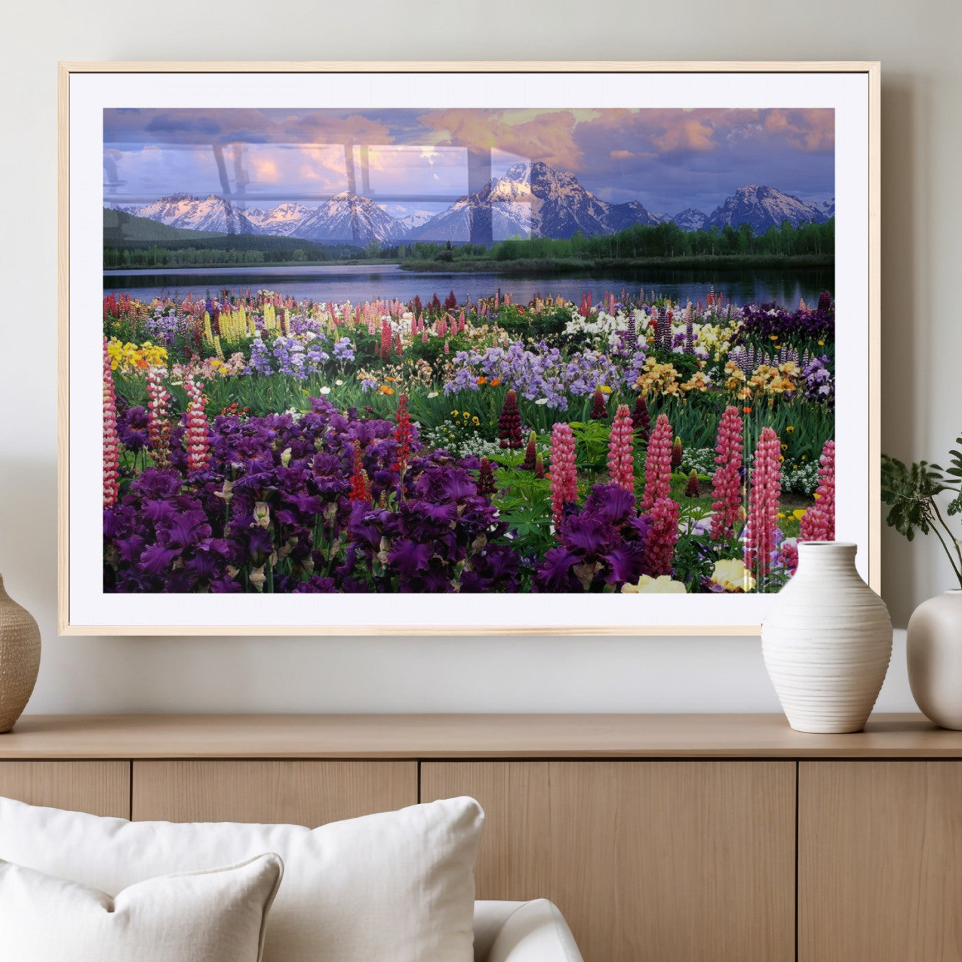 82270-MGV-CV-36X24-Colorful Wildflower Meadow Landscape Wall Art – Snow-Capped Mountain Lake Sunset Print, Vibrant Nature Artwork for Living Room,