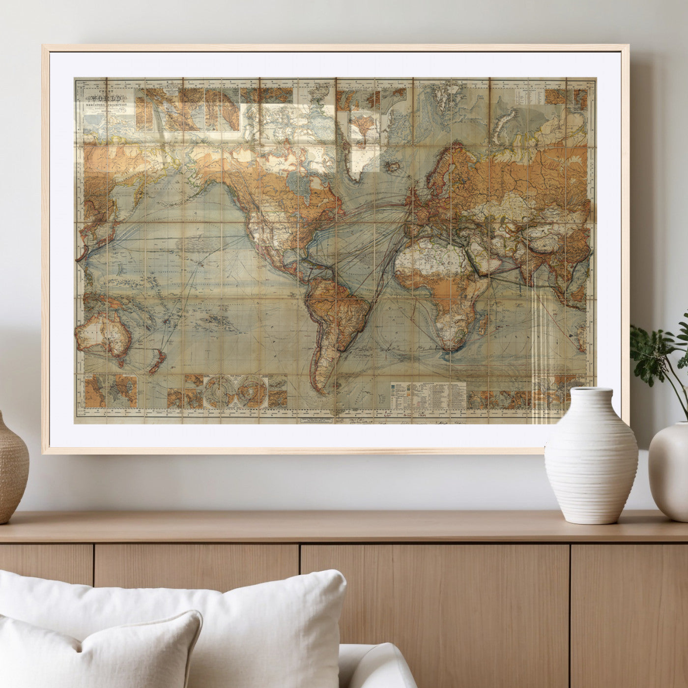 91338-MGC-FP-36x24_Natural-Antique World Map Wall Art – Vintage Historical Map Poster, Old-Style Cartography Print with Shipping Routes for Library, Study,