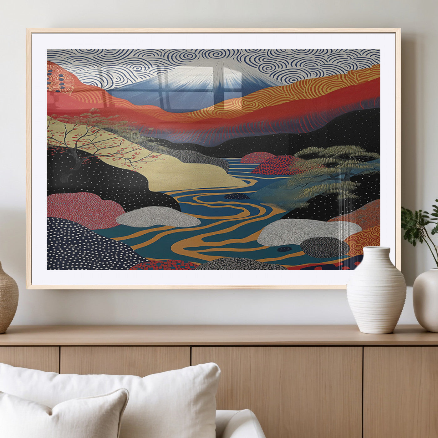 22313-MGC-FP-36x24_Natural-Yayoi Kusama Wall Art – Abstract Mount Fuji Landscape Canvas Print, Vibrant Japanese Nature Scene with River, Mountains and Sky