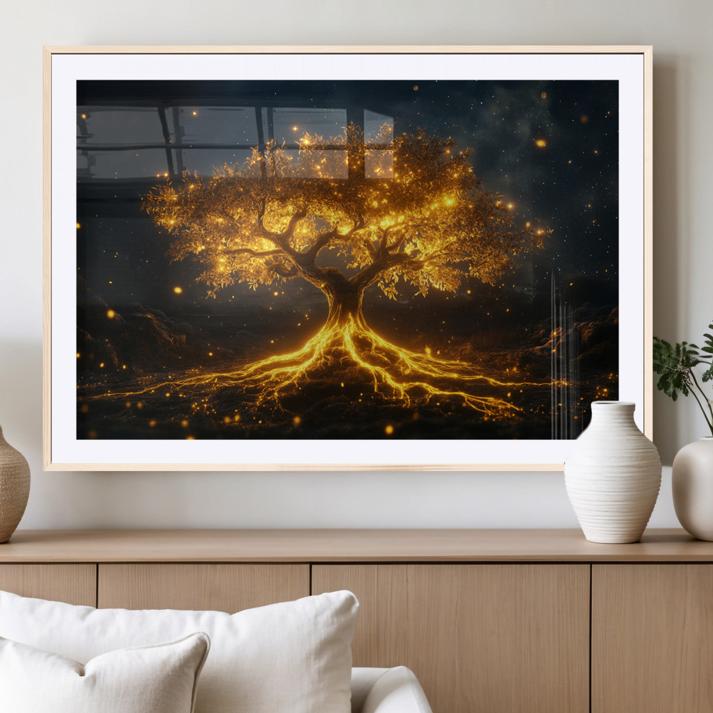 60194-MGV-CV-36X24-Glowing Tree Wall Art – Golden Roots Fantasy Canvas Print, Mystical Illuminated Tree Painting Poster for Living Room, Bedroom,