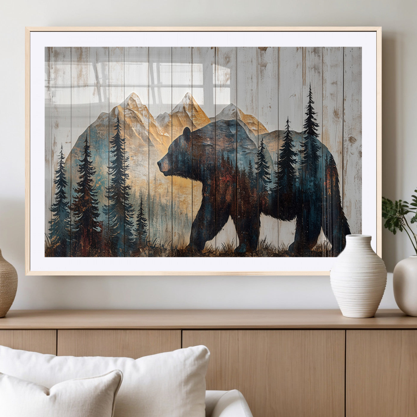 90077-MGV-CV-36X24-Wood Grizzly Bear Wall Art Canvas Print, Framed Abstract Bear Art Picture Print, Bear in Forest Perfect Rustic Lodge Decor Artwork