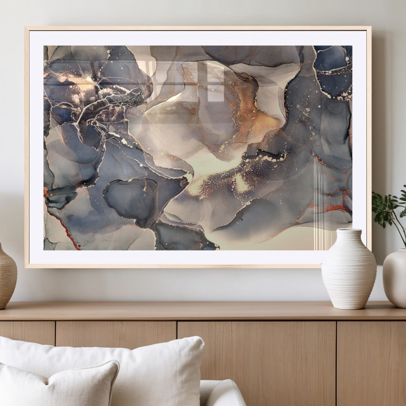 18202-MGC-FP-36x24_Natural-Abstract Neutral Wall Art – Blue, Beige and Gold Fluid Ink Canvas Print, Modern Minimalist Painting for Living Room, Office