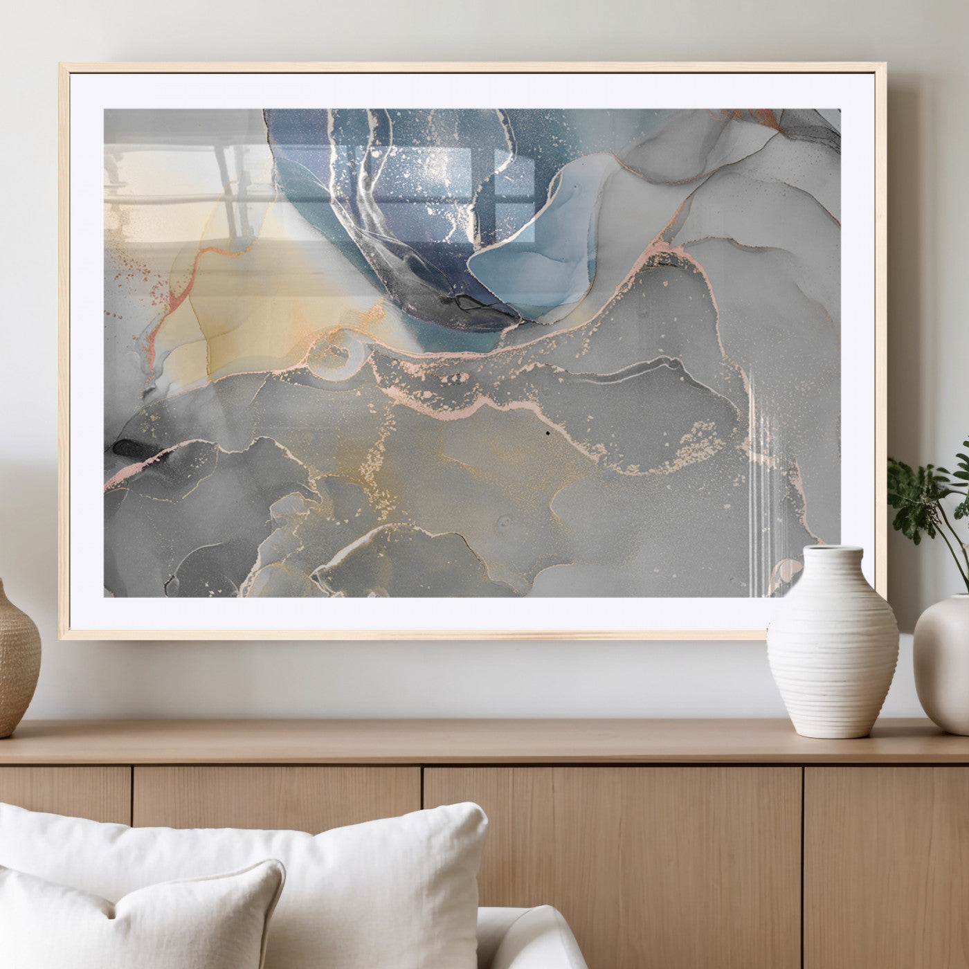 18176-MGV-CV-36X24-Abstract Fluid Wall Art – Modern Marble Ink Canvas Print with Blue, Gold, and Gray Tones, Contemporary Minimal Artwork Decor for
