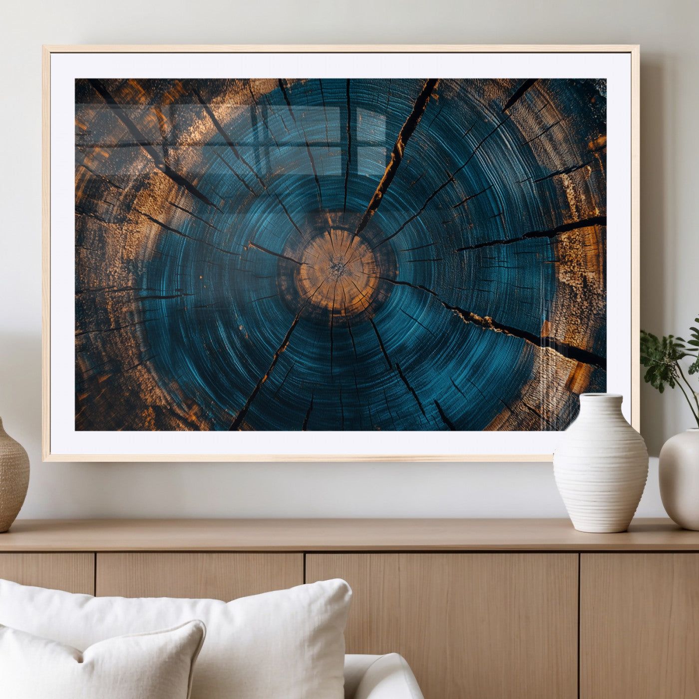 13398-MGC-FP-36x24_Natural-Tree Ring Wall Art – Abstract Wood Grain Canvas Print with Blue and Orange Accents, Rustic Nature Inspired Artwork for Living