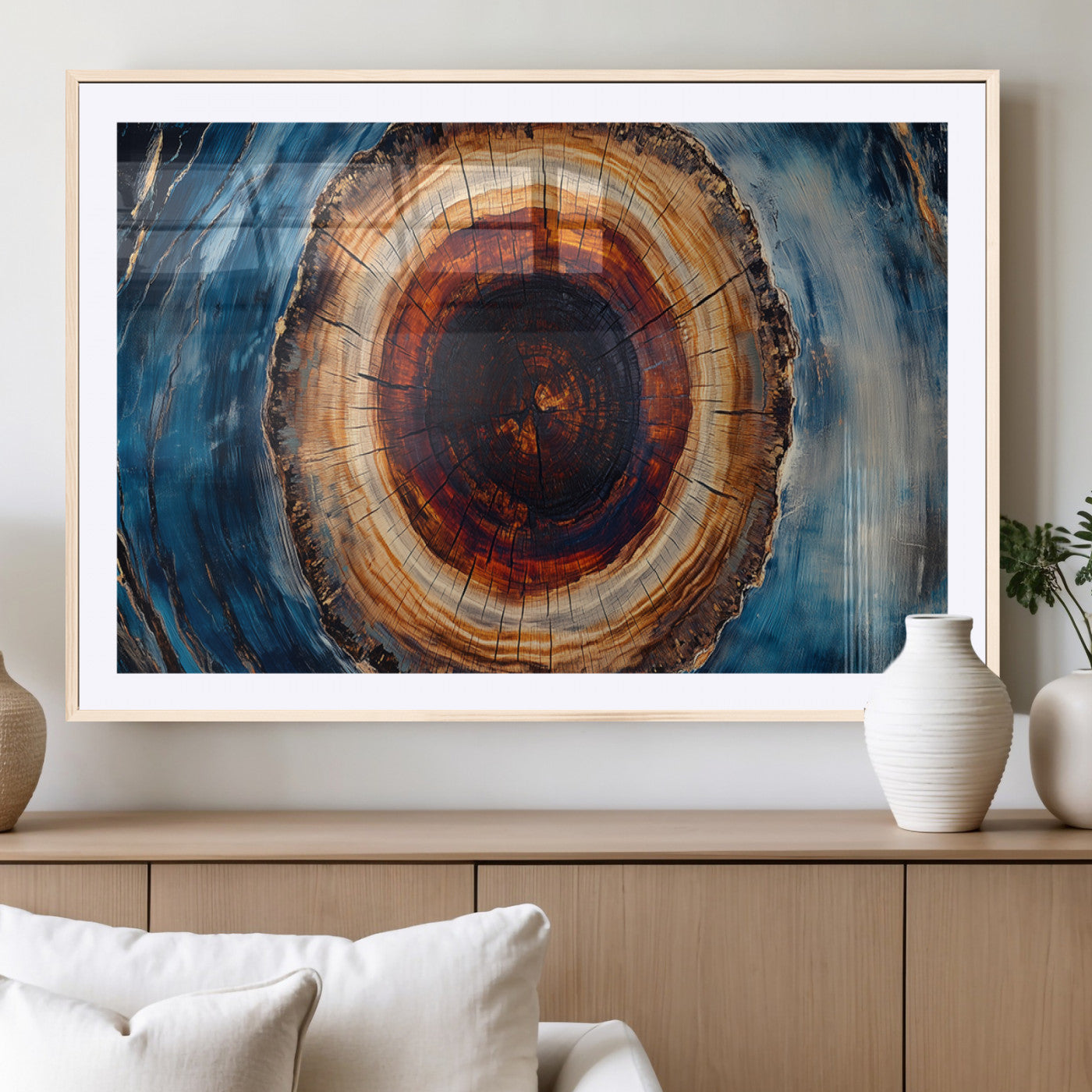 30457-MGC-FP-36x24_Natural-Tree Ring Wall Art – Abstract Wood Grain Canvas Print with Brown and Blue Swirl, Rustic Nature Inspired Artwork for Living Room,