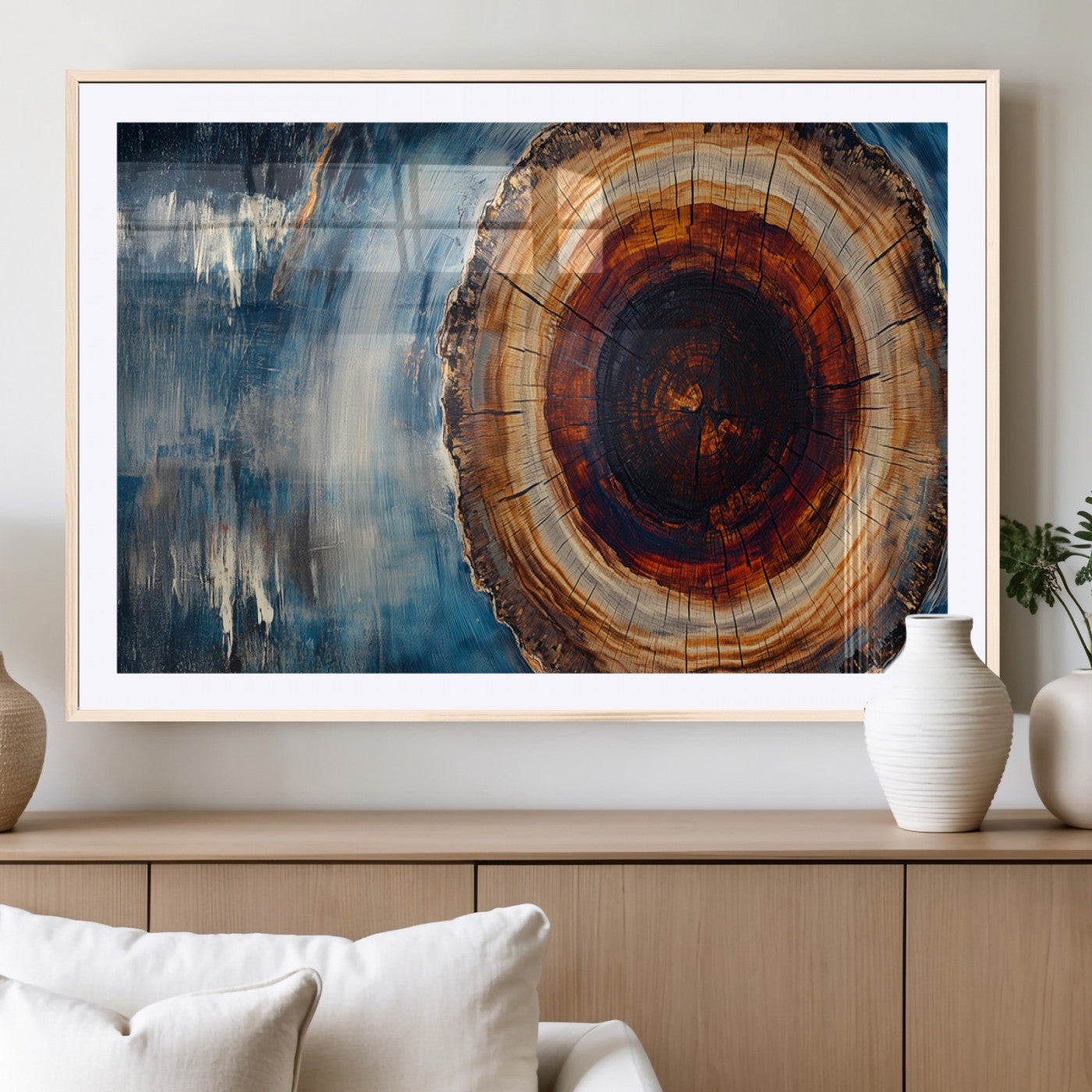 48045-MGC-FP-36x24_Natural-Tree Ring Abstract Wall Art – Rustic Wood Grain Canvas Print with Brown Center and Blue Brush Strokes, Nature Inspired Artwork for