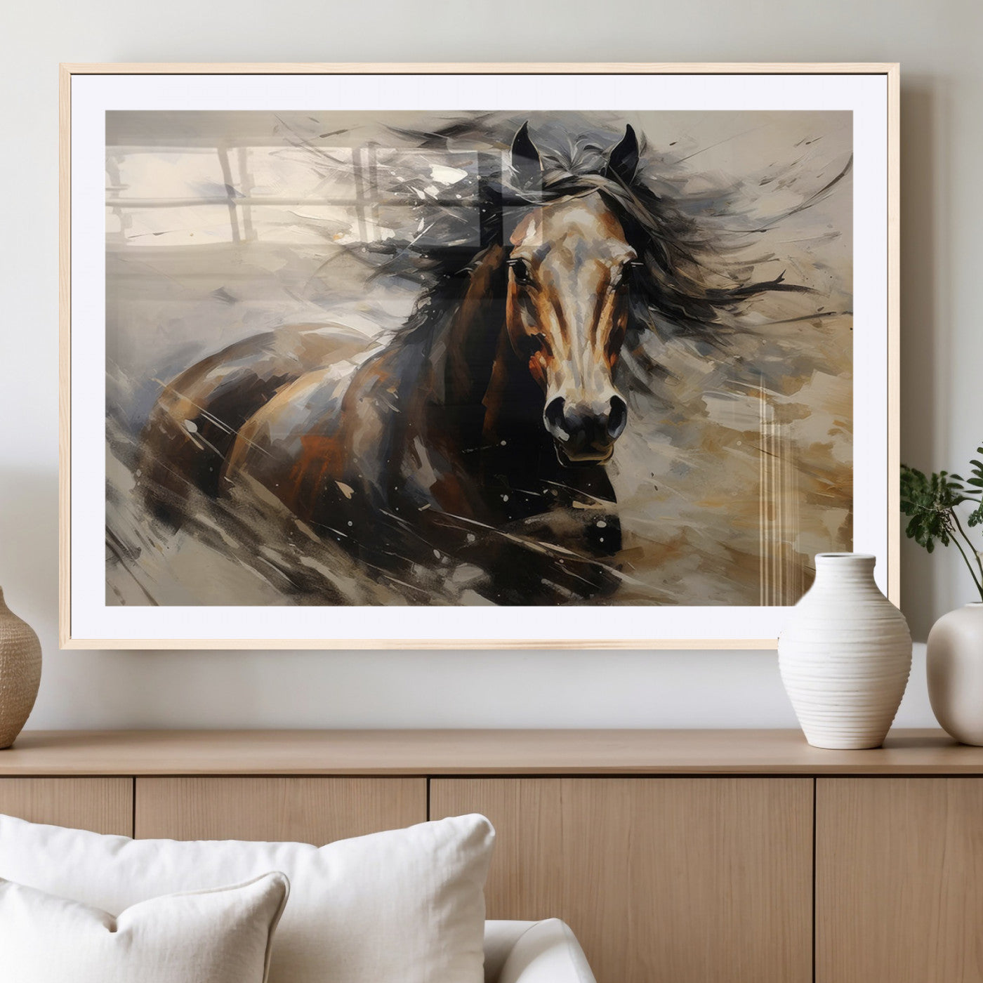 53001-MGC-FP-36x24_Natural-Wild Horse Wall Art – Majestic Stallion Canvas Print with Flowing Mane, Rustic Western Style Painting for Living Room, Office or