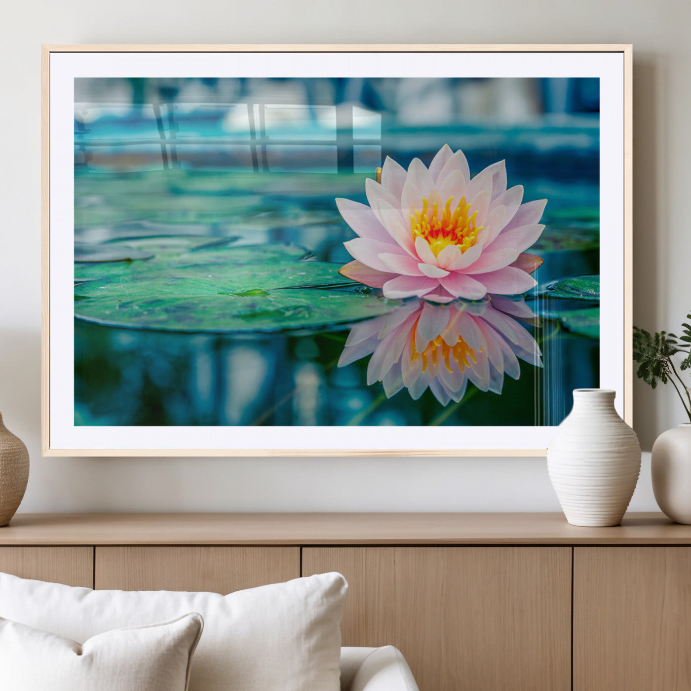 65933-MGV-CV-36X24-Pink Water Lily Wall Art – Lotus Flower Canvas Print with Reflection on Calm Water, Peaceful Botanical Artwork for Living Room,
