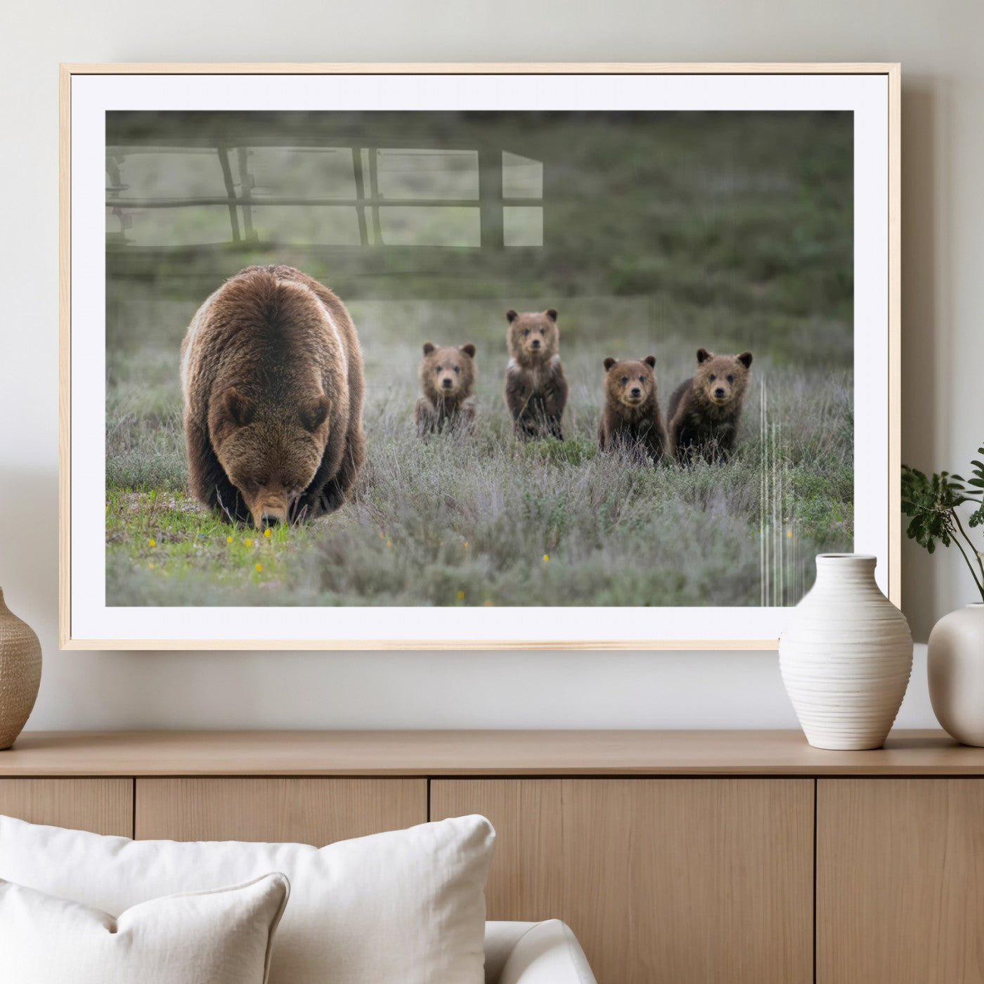 65087B-MGV-CV-36X24-Bear Family Wall Art – Wildlife Canvas Print Featuring Mother Bear with Cubs in Nature, Rustic Animal Artwork for Living Room,