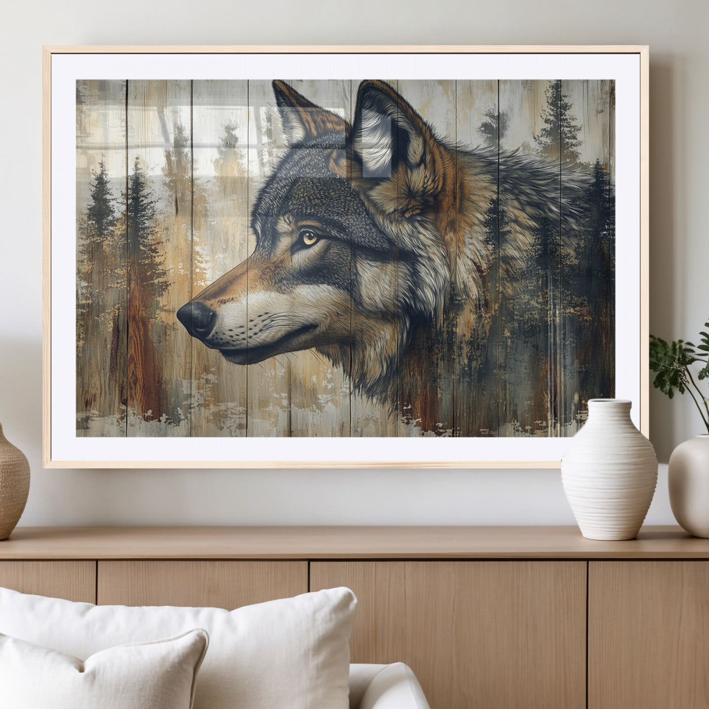 91882-MGV-CV-36X24-Wolf Wall Art – Rustic Canvas Print of Forest Wolf on Wood Background, Wildlife Lodge Artwork for Living Room, Bedroom, Cabin, or