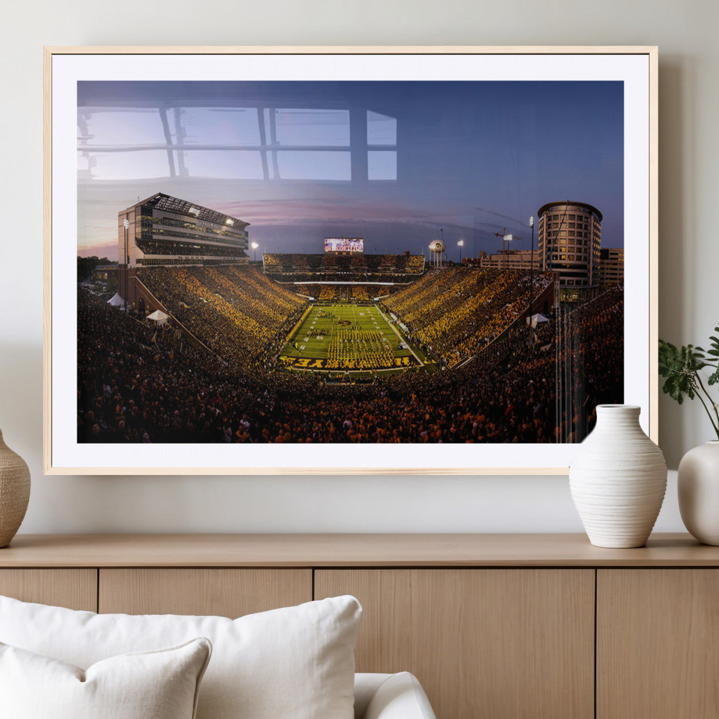 82557-MGC-FP-36x24_Natural-College Football Stadium Wall Art – Panoramic Sunset Canvas Print with Marching Band and Game Day Crowd, Sports Artwork for Man