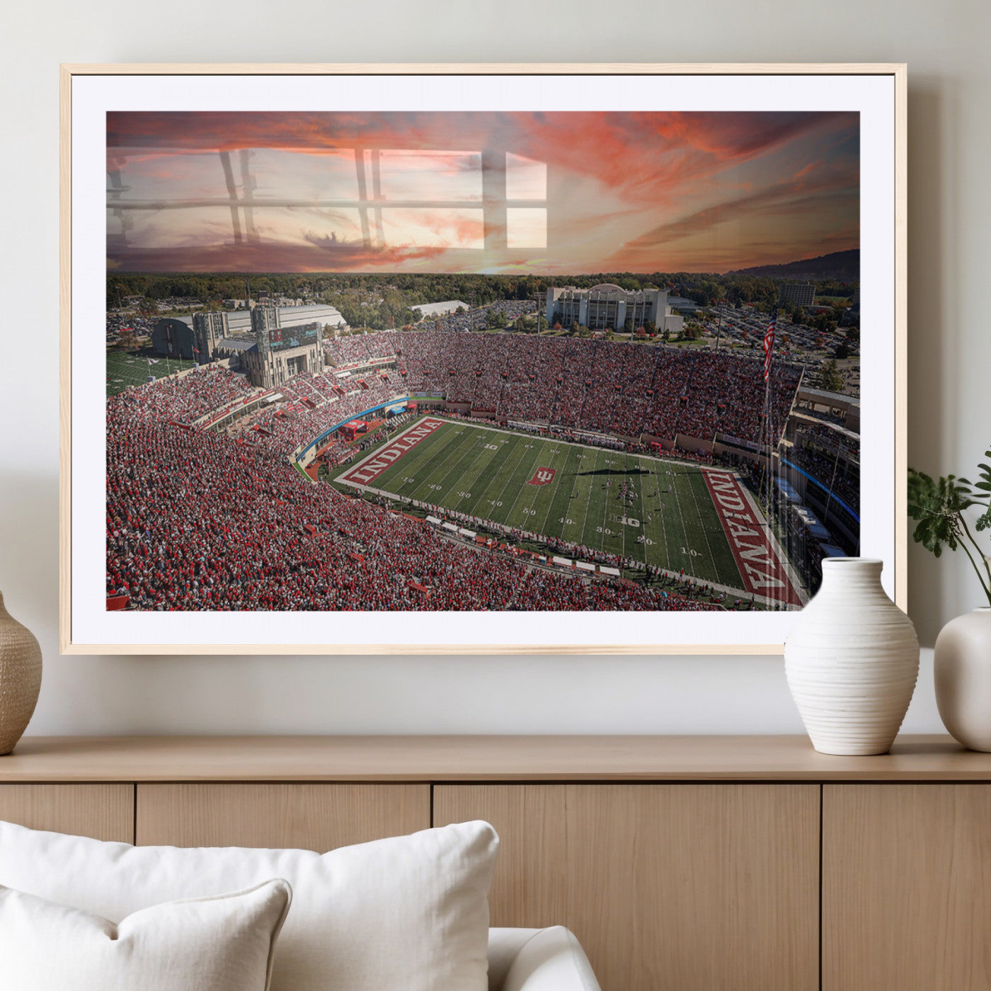 51135-MGV-CV-36X24-Indiana Hoosiers Stadium Wall Art – Panoramic Football Canvas Print with Game Day Crowd and Sunset Sky, Sports Artwork for Man