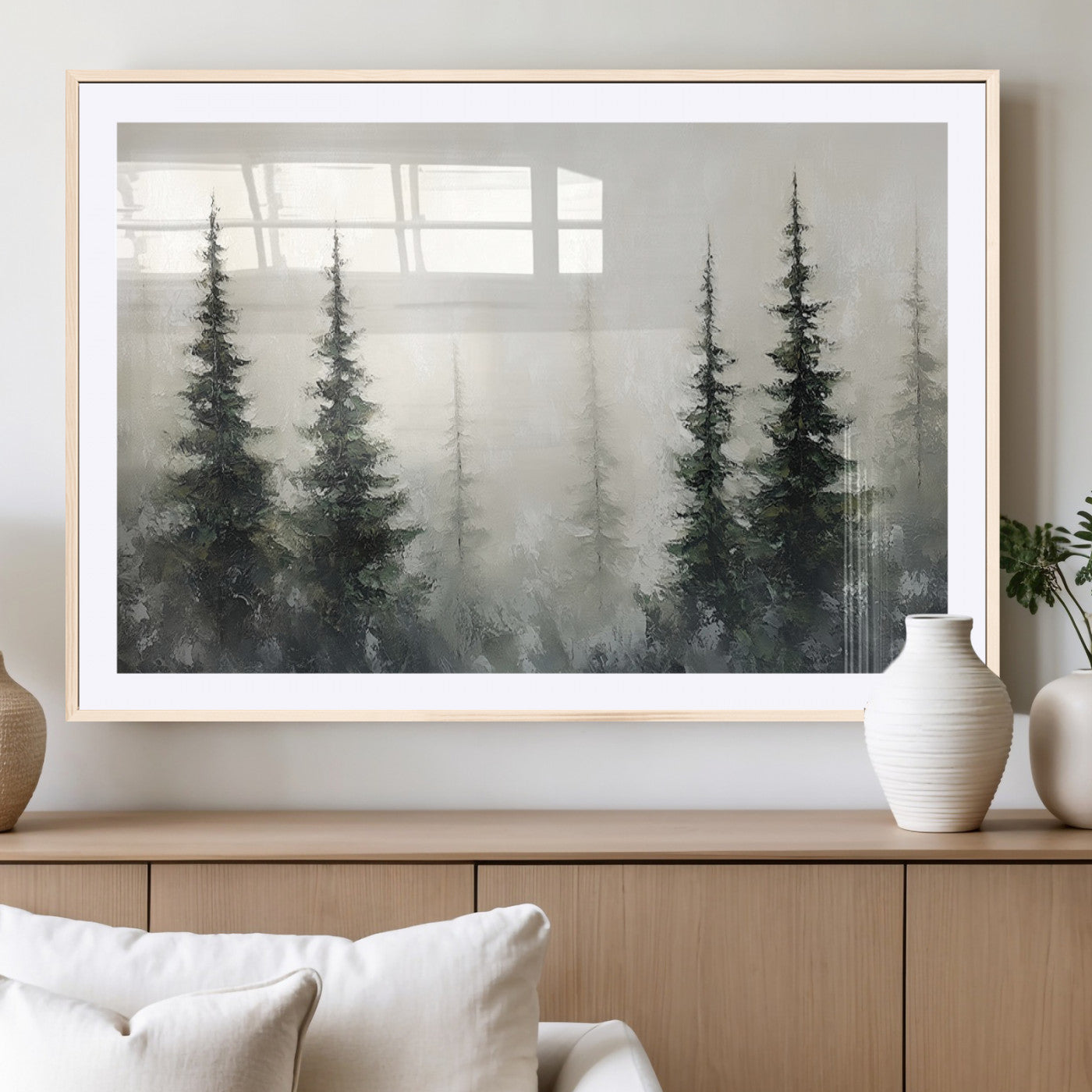 33241-MGC-FP-36x24_Natural-Misty Forest Wall Art Canvas Print, Framed Foggy Pines Art Picture Print, Forest Haze Perfect Rustic Minimalist Decor Artwork