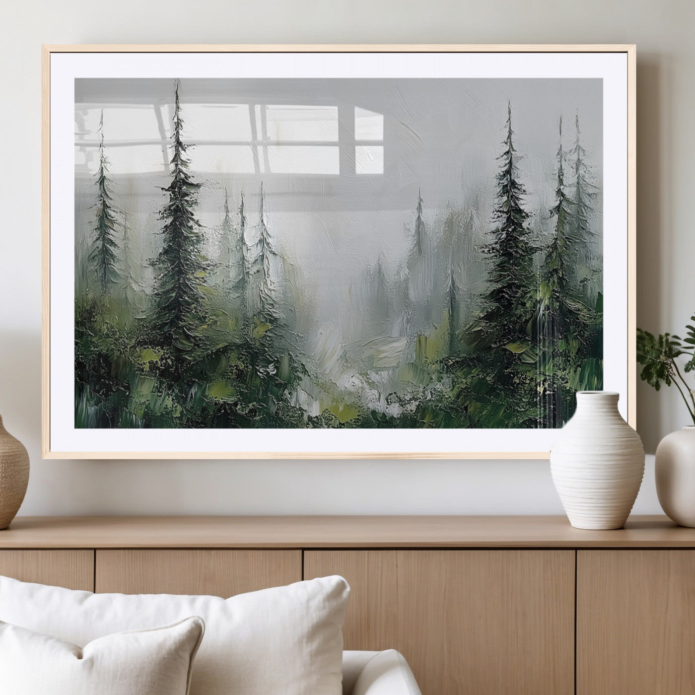 76014-MGC-FP-36x24_Natural-Forest Wall Art – Textured Canvas Print Featuring Misty Evergreen Pines and Woodland Landscape, Rustic Nature Artwork for Living