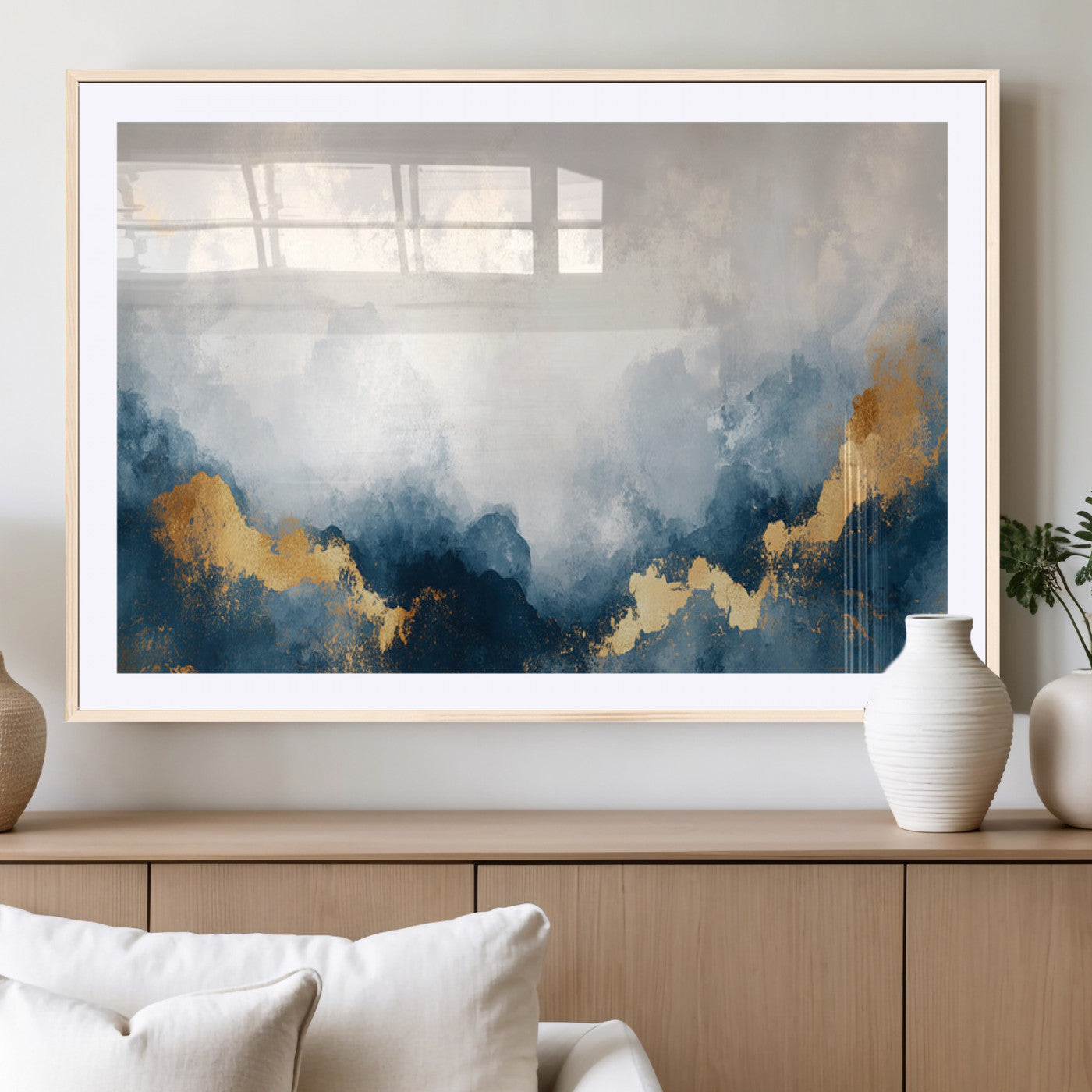 14578-MGV-CV-36X24-Abstract Wall Art – Modern Canvas Print Featuring Blue and White Clouds with Golden Accents, Contemporary Elegant Artwork for