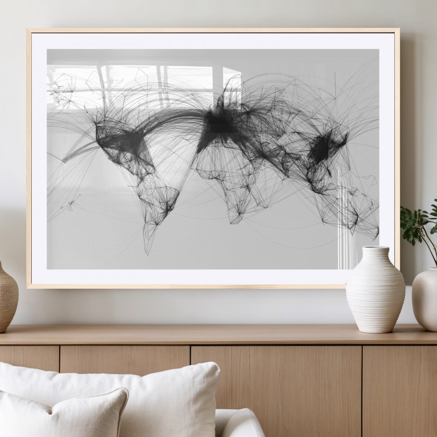 Black-Flight-Routes-MGV-CV-36X24-Abstract World Map Wall Art – Modern Black Line Network Style Canvas Print, Contemporary Global Artwork for Living Room, Bedroom,