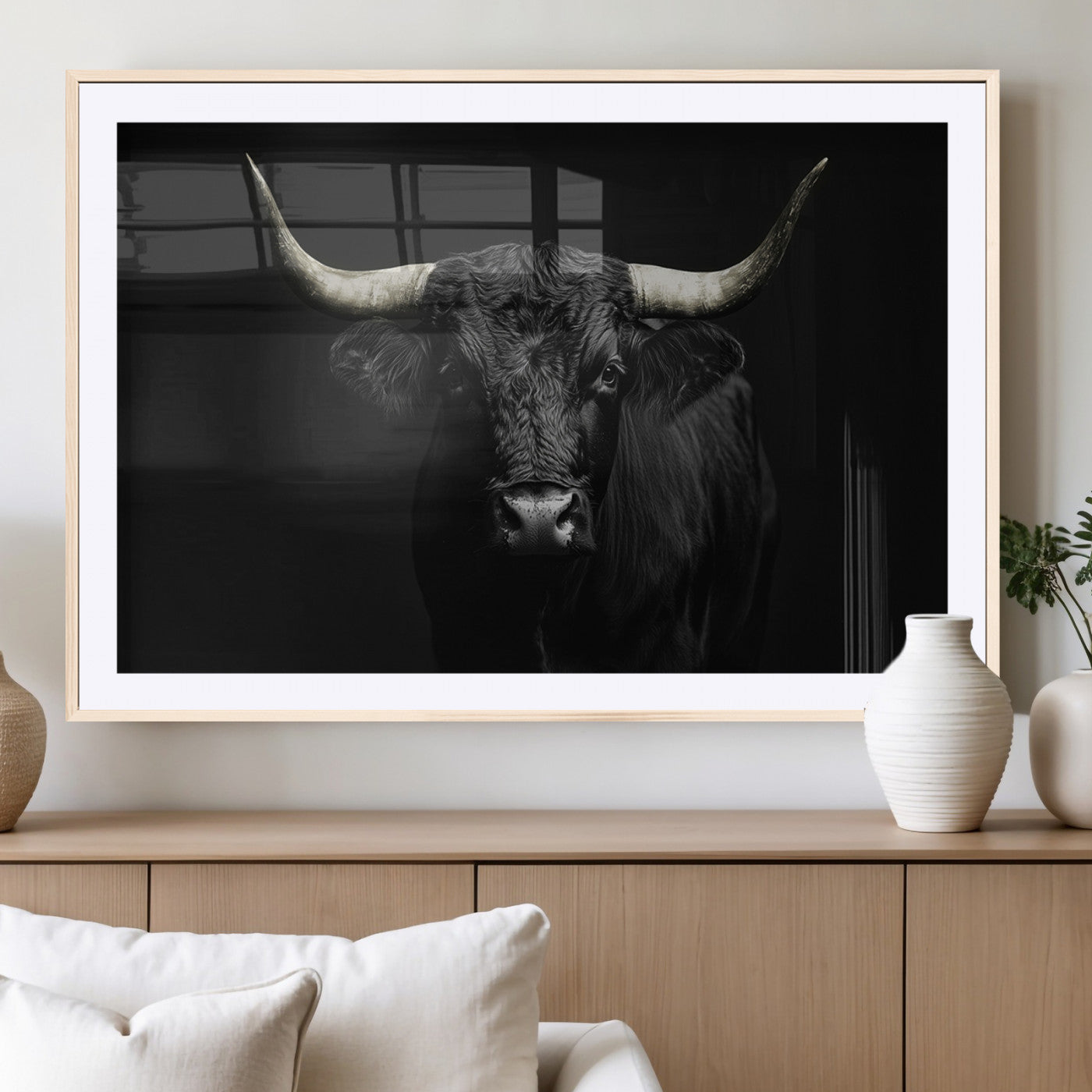 97914921-MGC-FP-36x24_Natural-Black Bull Wall Art Canvas Print, Framed Longhorn Bull Art Picture Print, Western Bull Perfect Monochrome Western Decor Artwork