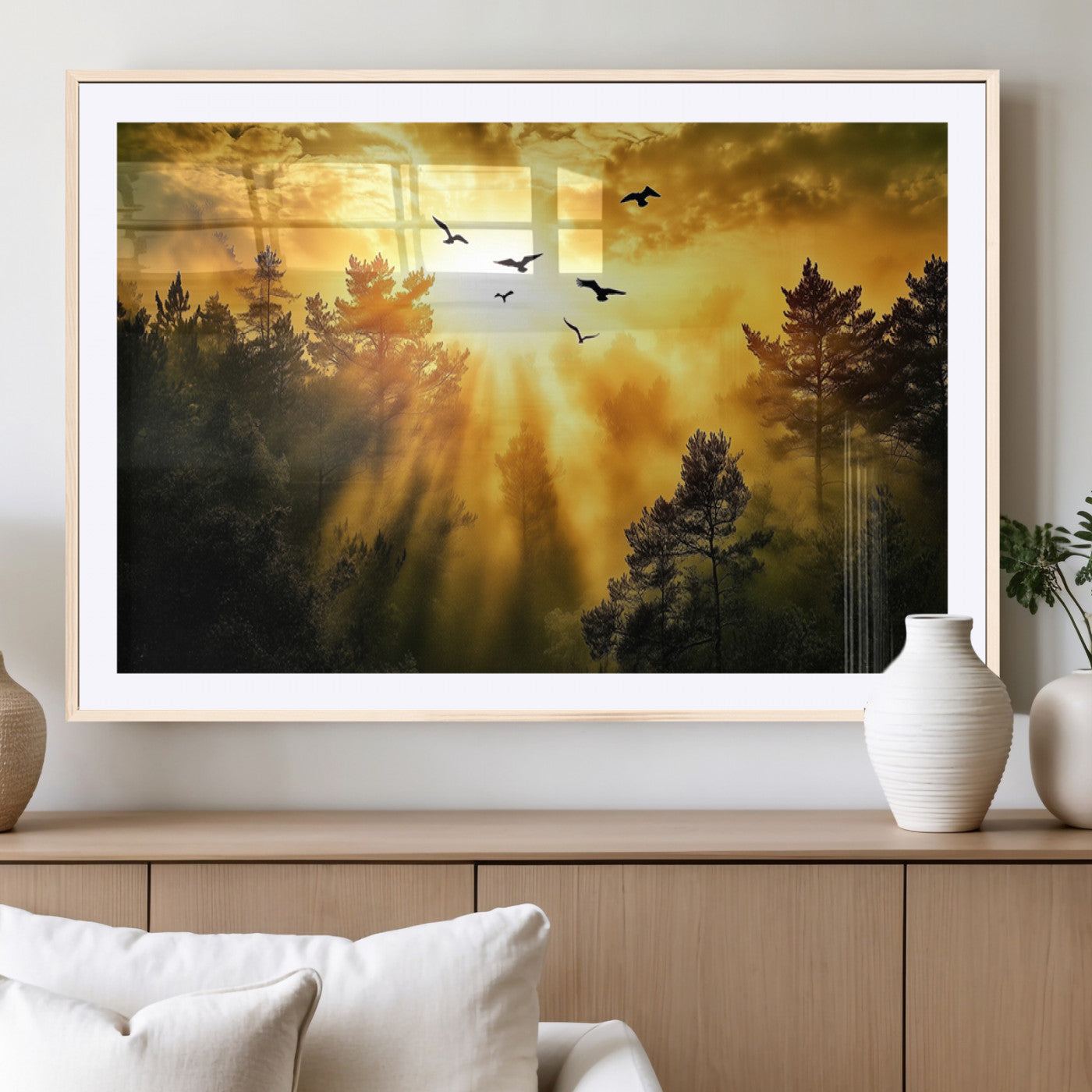 13776802-MGV-CV-36X24-Golden Forest Wall Art Canvas Print, Framed Sunset Pines Art Picture Print, Flying Birds Perfect Nature Glow Decor Artwork