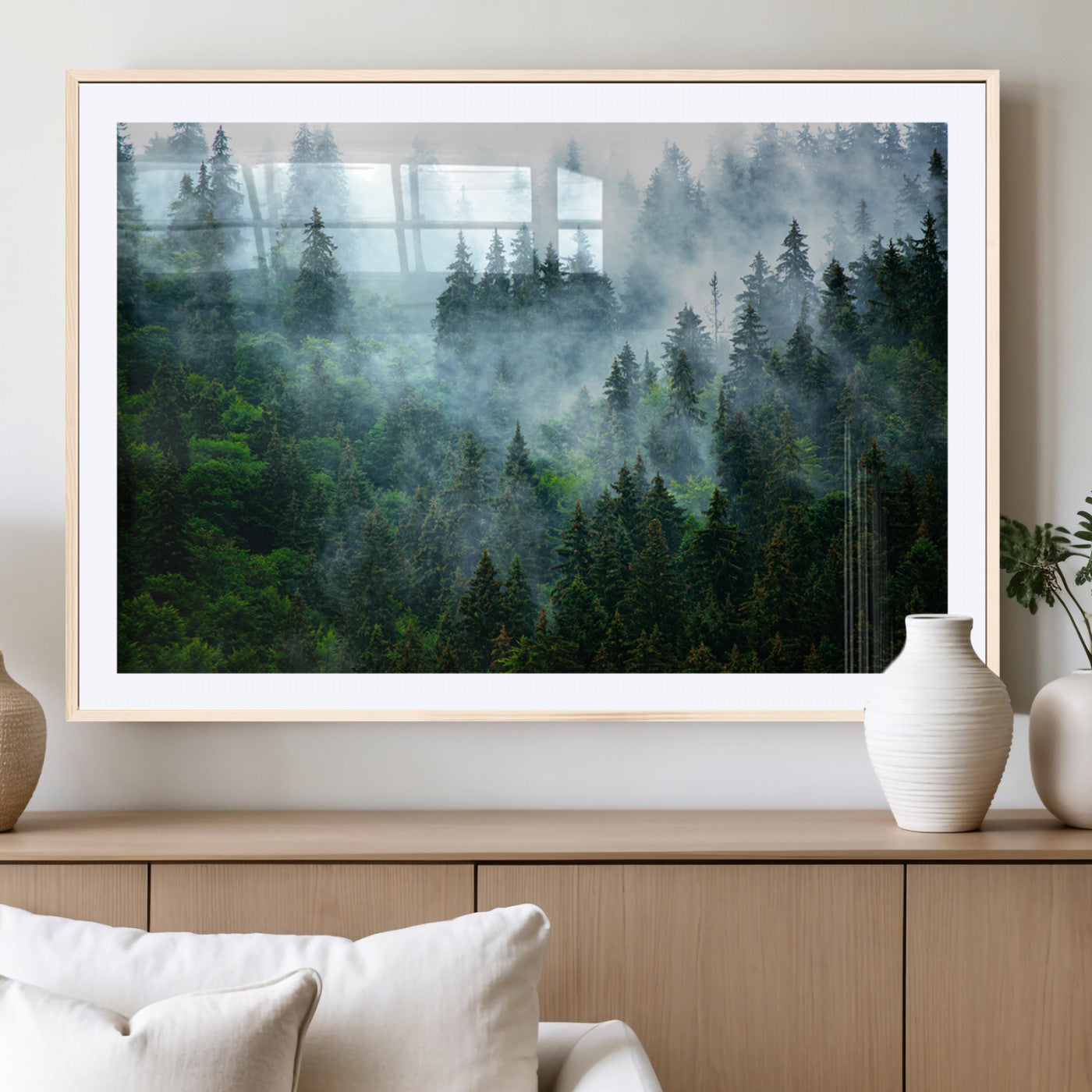 17393683-MGC-FP-36x24_Natural-Misty Forest Art Wall Art Canvas Print, Framed Foggy Mountain Art Art Picture Print, Scenic Wall Print Perfect Decor Artwork