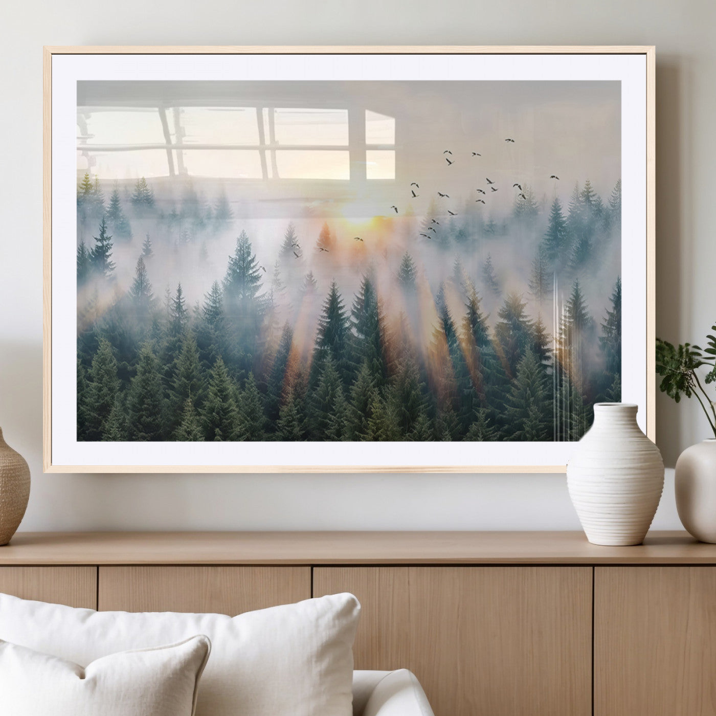 92718976-MGC-FP-36x24_Natural-Misty Forest Wall Art Canvas Print, Framed Sunrise Pines Art Picture Print, Foggy Woodland Perfect Moody Woodland Decor Artwork