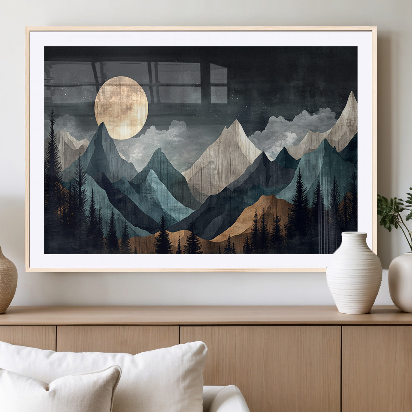 11060882-MGV-CV-36X24-Moonlit Mountains Wall Art Canvas Print, Framed Forest Silhouette Art Picture Print, Night Landscape Perfect Modern Forest Decor