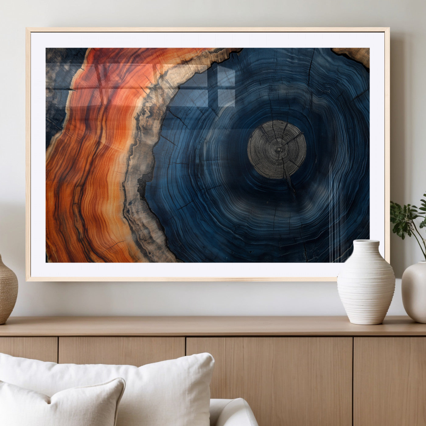 99491700-MGC-FP-36x24_Natural-Tree Ring Canvas Wall Art – Blue Orange Abstract Wood Grain Print, Rustic Modern Nature Artwork for Living Room, Office, Bedroom