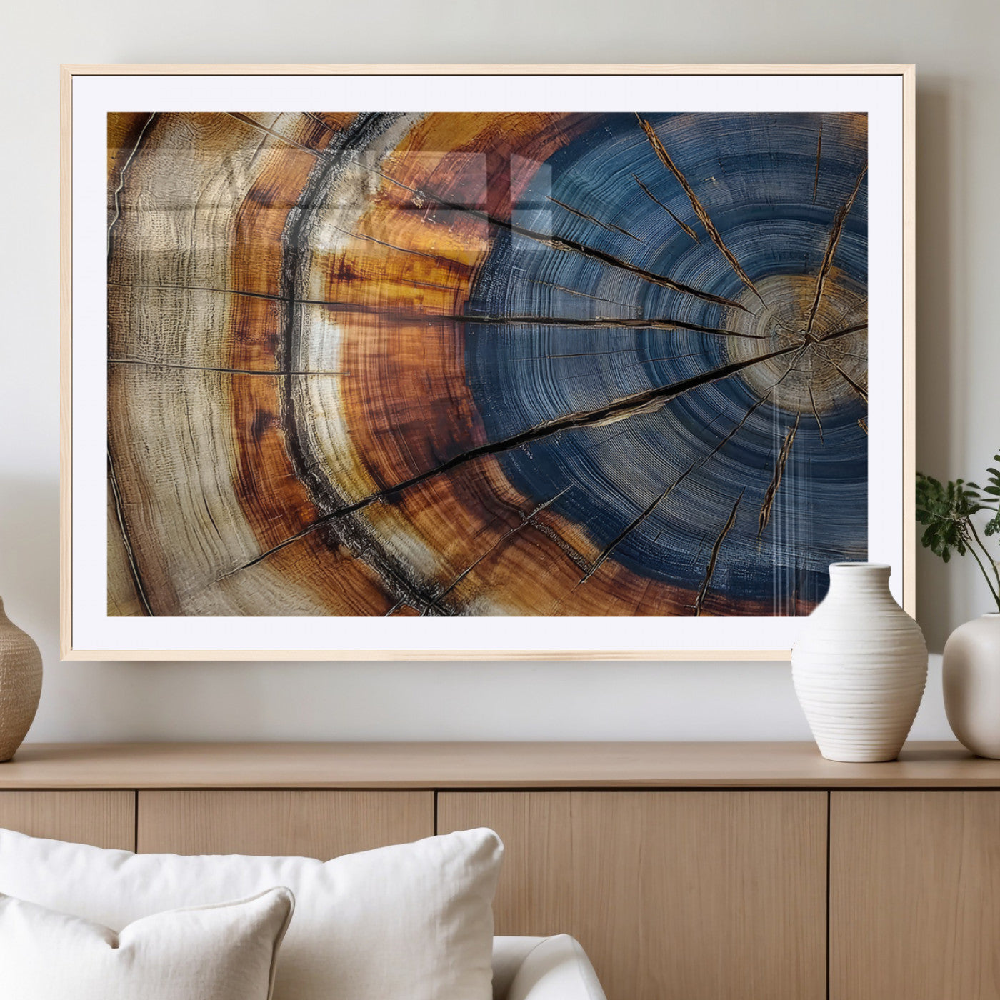 18032999-MGC-FP-36x24_Natural-Tree Ring Wall Art – Blue Brown Abstract Wood Slice Canvas Print, Rustic Modern Nature Decor for Living Room, Office, Bedroom or