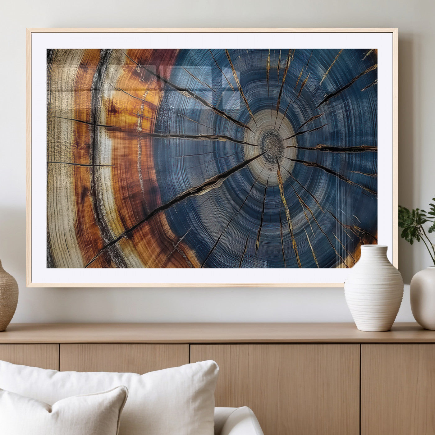 82059233-MGV-CV-36X24-Rustic Tree Ring Wall Art – Natural Wood Texture Canvas Print, Framed Abstract Tree Stump for Farmhouse, Log Cabin, Wooden House