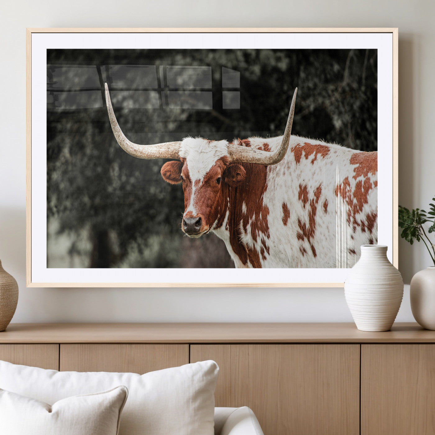 54027638-MGC-FP-36x24_Natural-Texas Longhorn Wall Art Canvas Print, Framed Spotted Cow Art Picture Print, Horned Bull Perfect Rustic Western Decor Artwork