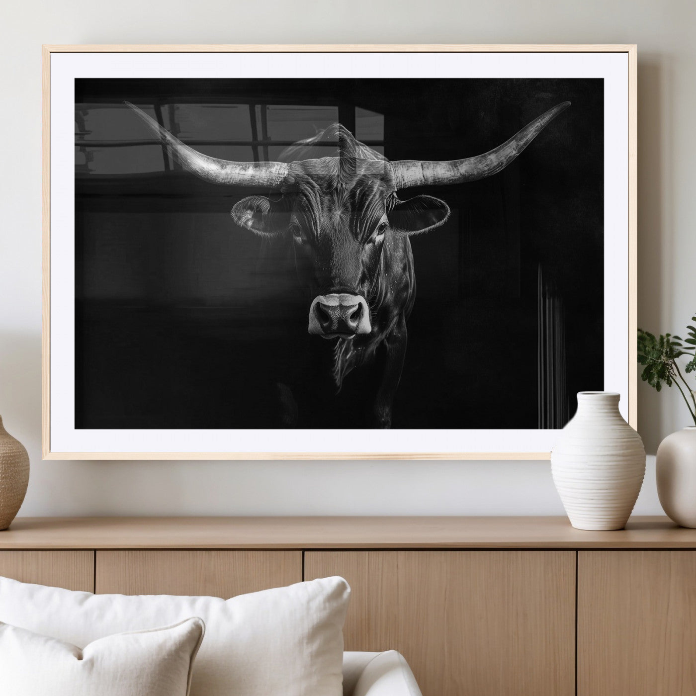 42077175-MGC-FP-36x24_Natural-Texas Longhorn Wall Art Canvas Print, Framed Monochrome Bull Art Picture Print, Horned Bull Perfect Rustic Western Decor Artwork