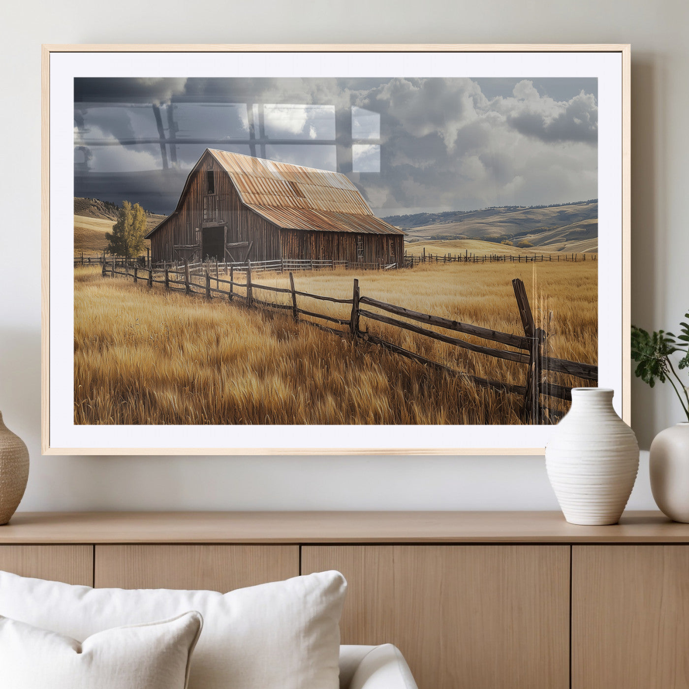 38758826-MGC-FP-36x24_Natural-Rustic Barn Wall Art Canvas Print, Framed Moody Barn Art Picture Print, Golden Field Perfect Rustic Farmhouse Decor Artwork