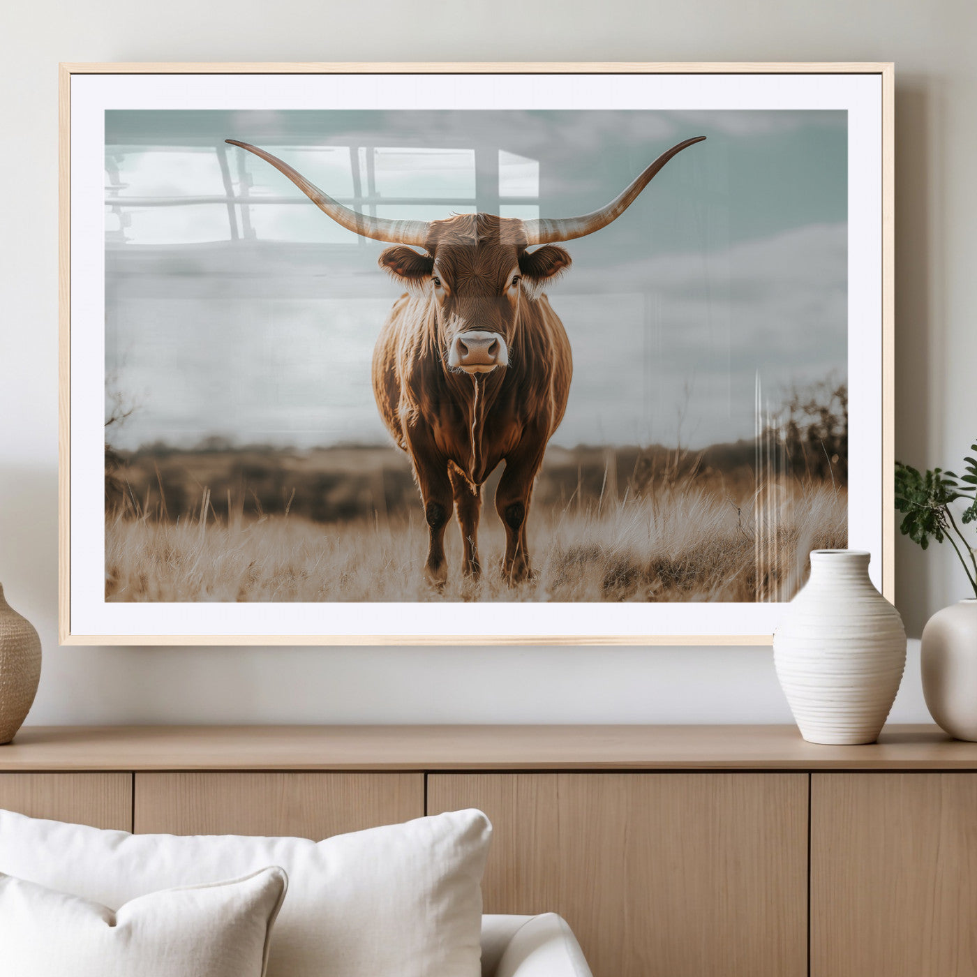 39350715-MGC-FP-36x24_Natural-Texas Longhorn Wall Art Canvas Print, Framed Longhorn Cow Art Picture Print, Western Cattle Perfect Rustic Western Decor Artwork