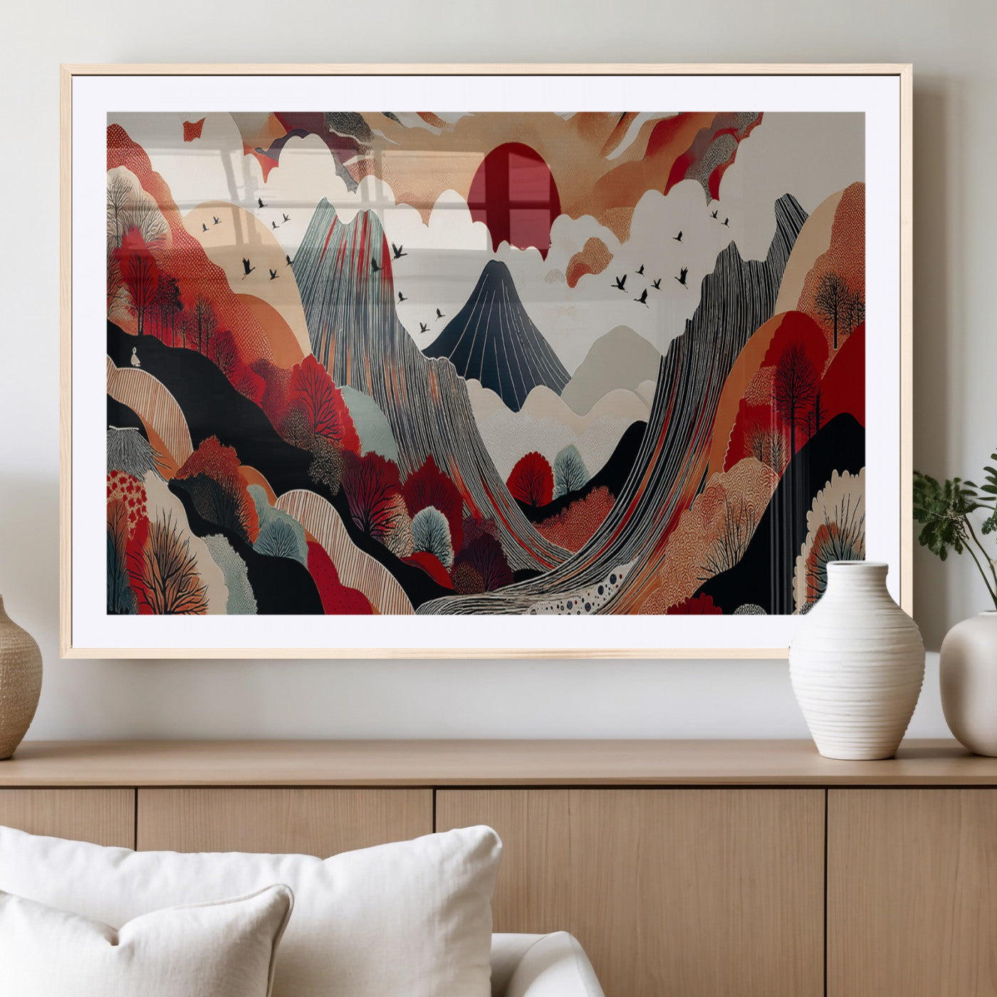 59495752-MGC-FP-36x24_Natural-Abstract Mountain Wall Art Canvas Print, Framed Vibrant Landscape Art Picture Print, Nature Drawing Perfect Contemporary