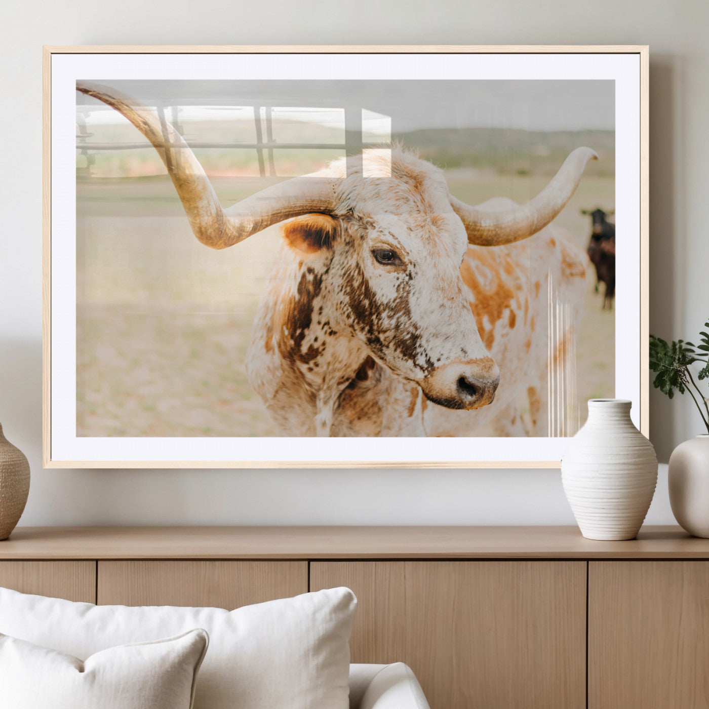 21060648-MGV-CV-36X24-Texas Longhorn Wall Art Canvas Print, Framed Speckled Cow Art Picture Print, Rustic Bull Perfect Rustic Western Decor Artwork