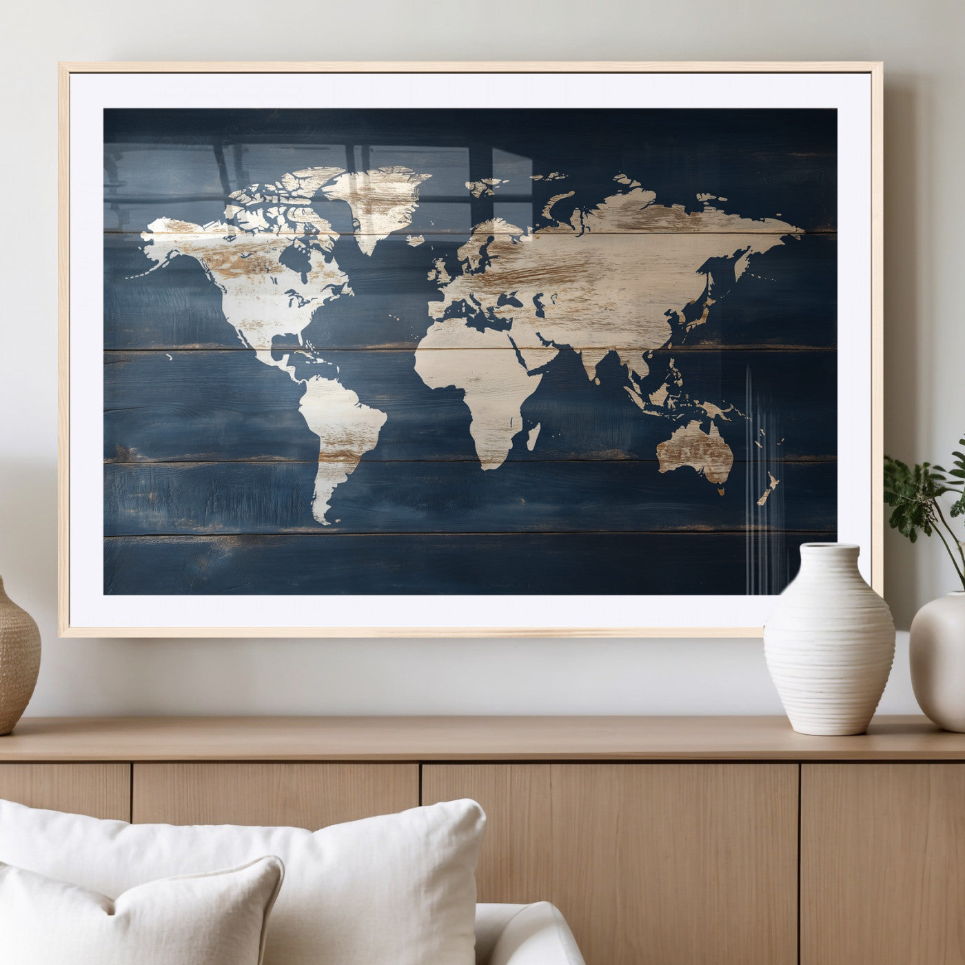 27204277-MGV-CV-36X24-World Map Wall Art Canvas Print, Framed Rustic Map Art Picture Print, Wooden World Map Perfect Vintage Decor Artwork for Home,