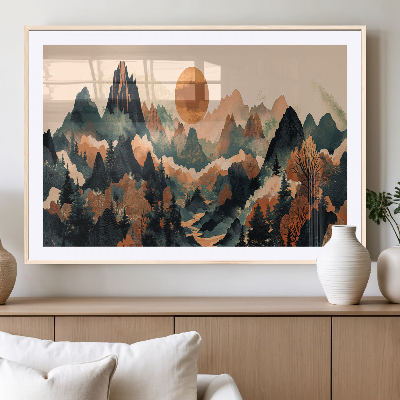 13012770-MGC-FP-36x24_Natural-Mountain Landscape Wall Art – Modern Nature Canvas Print with Sun, Misty Peaks, and Forest in Orange and Green Tones for Living