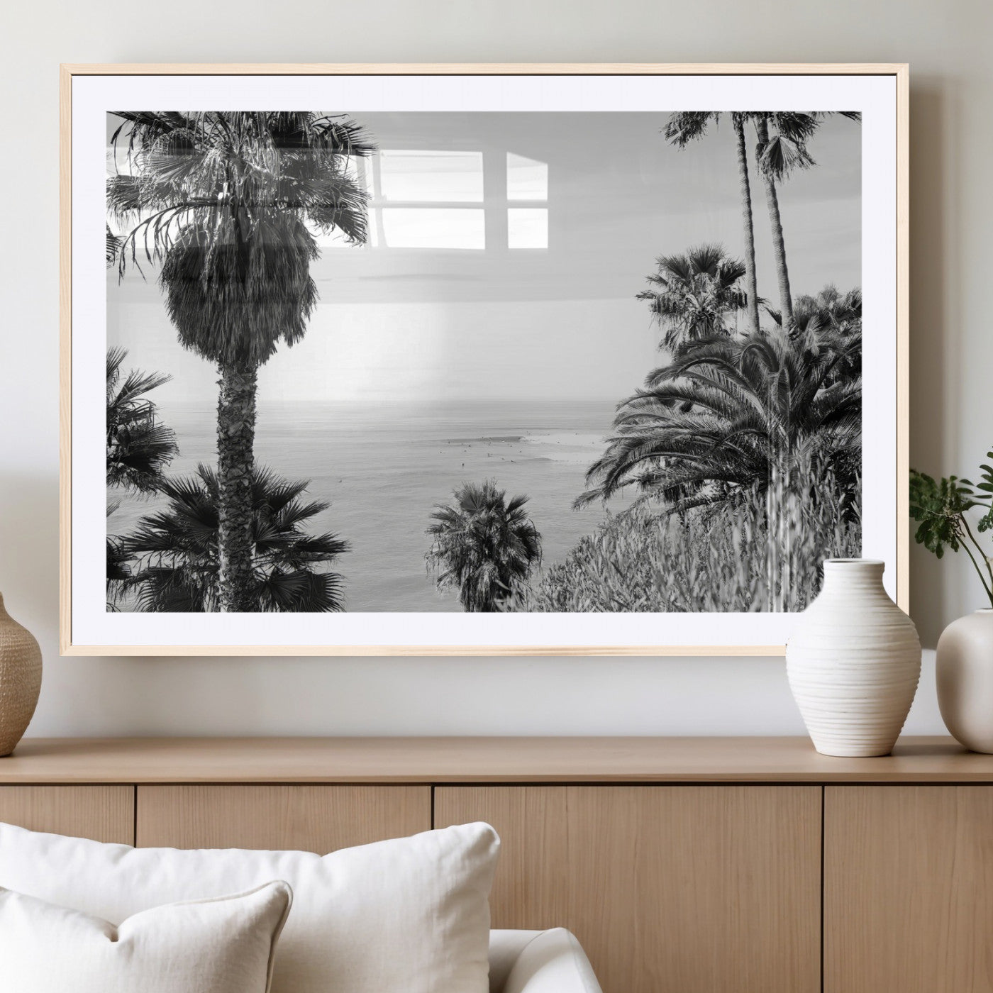 89458520-MGC-FP-36x24_Natural-Palm Trees Wall Art Canvas Print, Framed Coastal View Art Picture Print, Ocean Horizon Perfect Monochrome Coast Decor Artwork