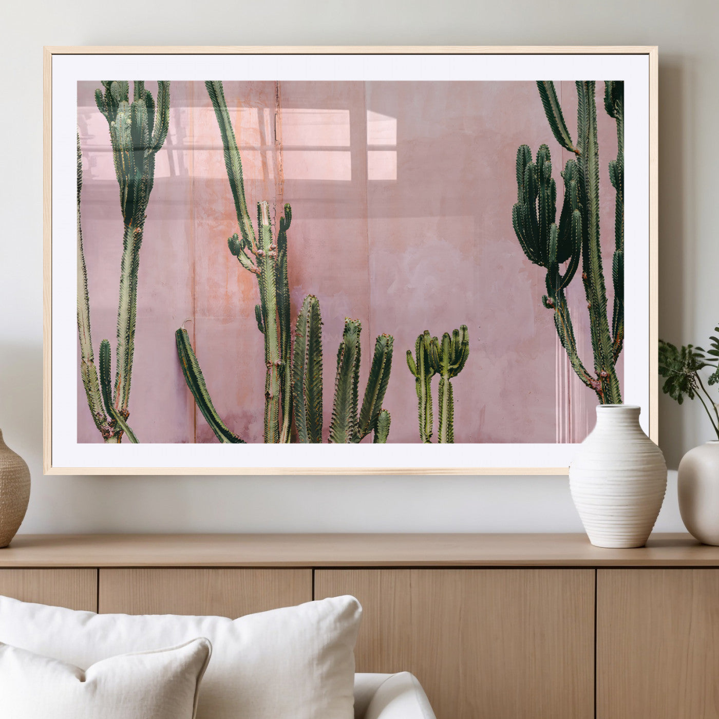 93119502-MGV-CV-36X24-Tall Cactus Wall Art Canvas Print, Framed Pink Wall Art Picture Print, Cactus Lines Perfect Modern Desert Decor Artwork