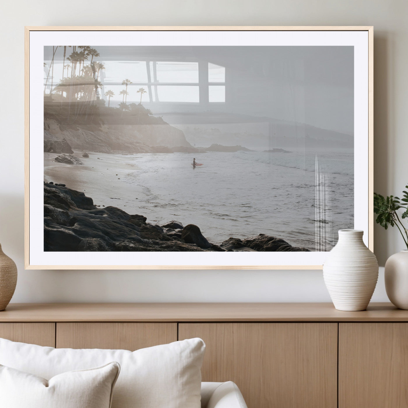 62501405-MGC-FP-36x24_Natural-Misty Beach Wall Art Canvas Print, Framed California Surfer Art Picture Print, Coastal Cliff Perfect Coastal Beach Decor Artwork
