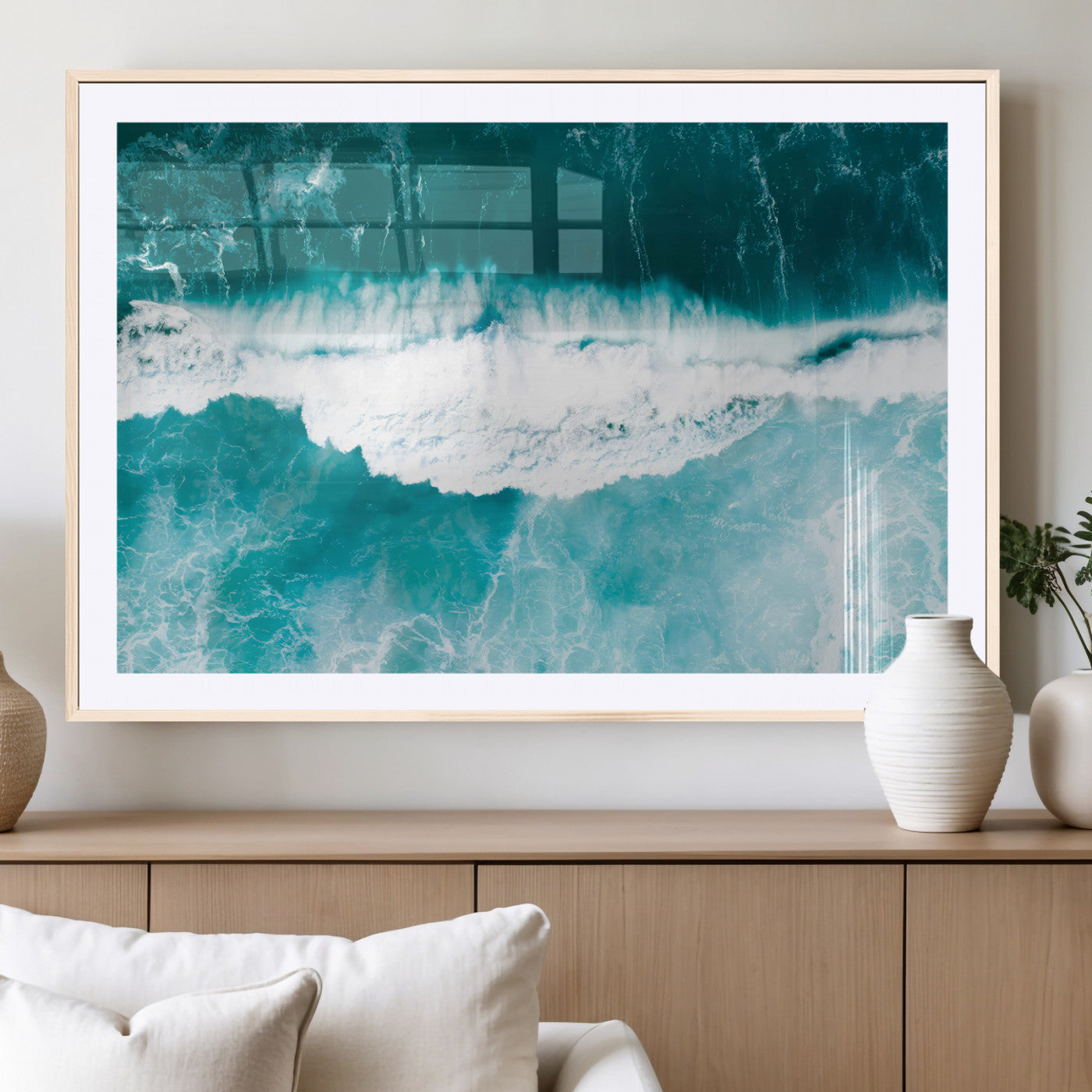 23828594-MGC-FP-36x24_Natural-Aerial Waves Wall Art Canvas Print, Framed Ocean Break Art Picture Print, Sea Foam Perfect Tropical Coastal Decor Artwork
