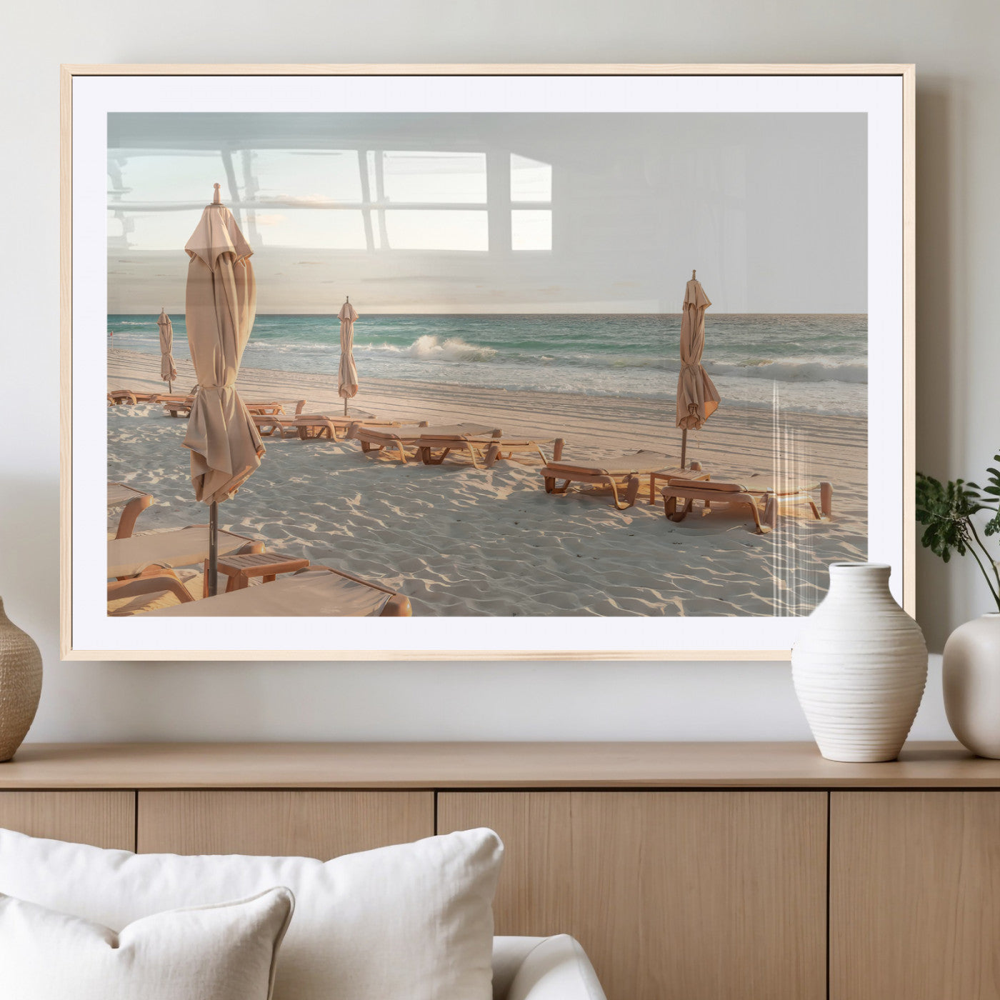 58507949-MGV-CV-36X24-Beach Umbrellas Wall Art Canvas Print, Framed Empty Loungers Art Picture Print, Soft Sand Perfect Minimalist Seaside Decor Artwork