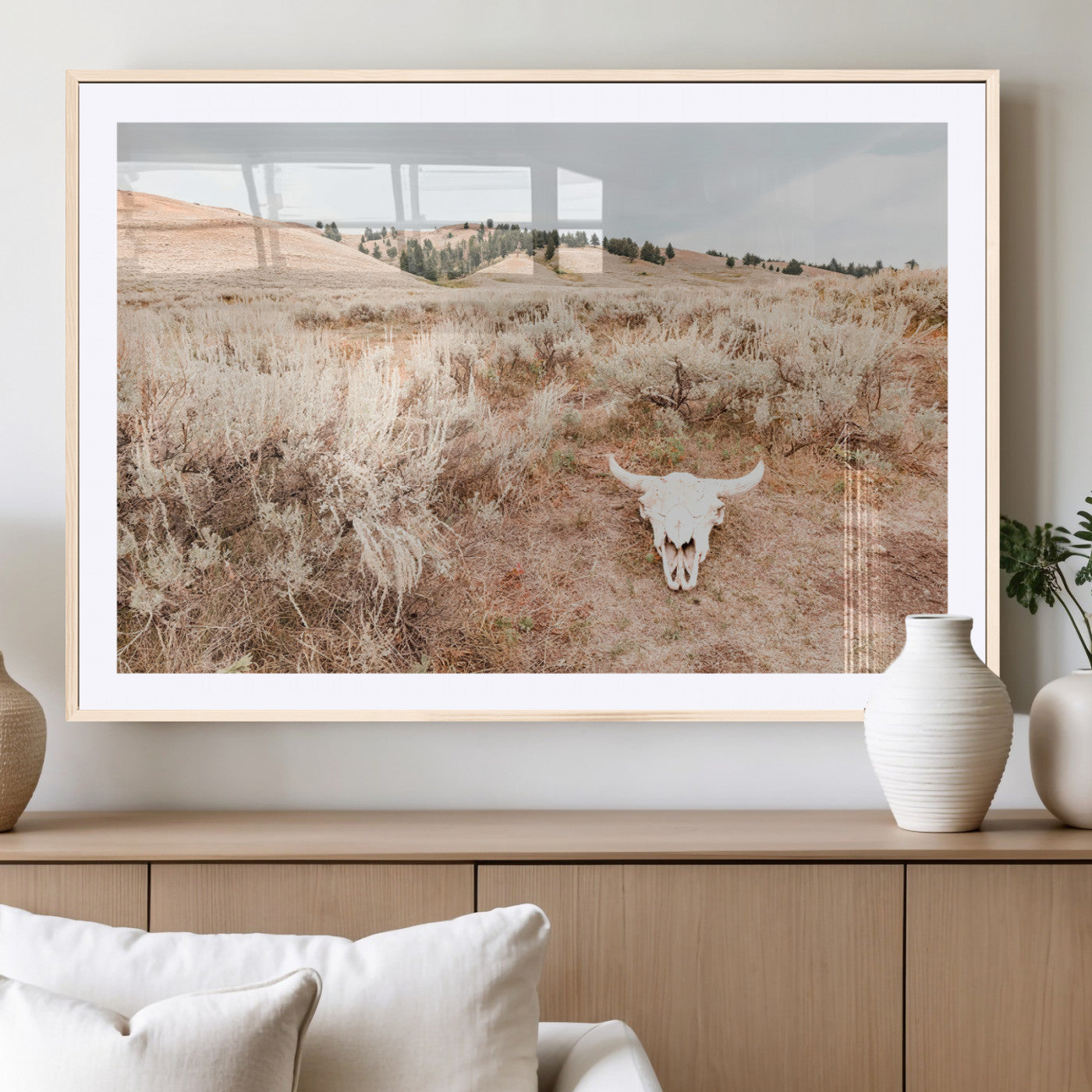 97234735-MGV-CV-36X24-Rustic Bones Wall Art Canvas Print, Framed Desert Sage Art Picture Print, Prairie Skull Perfect Minimal Rustic Decor Artwork