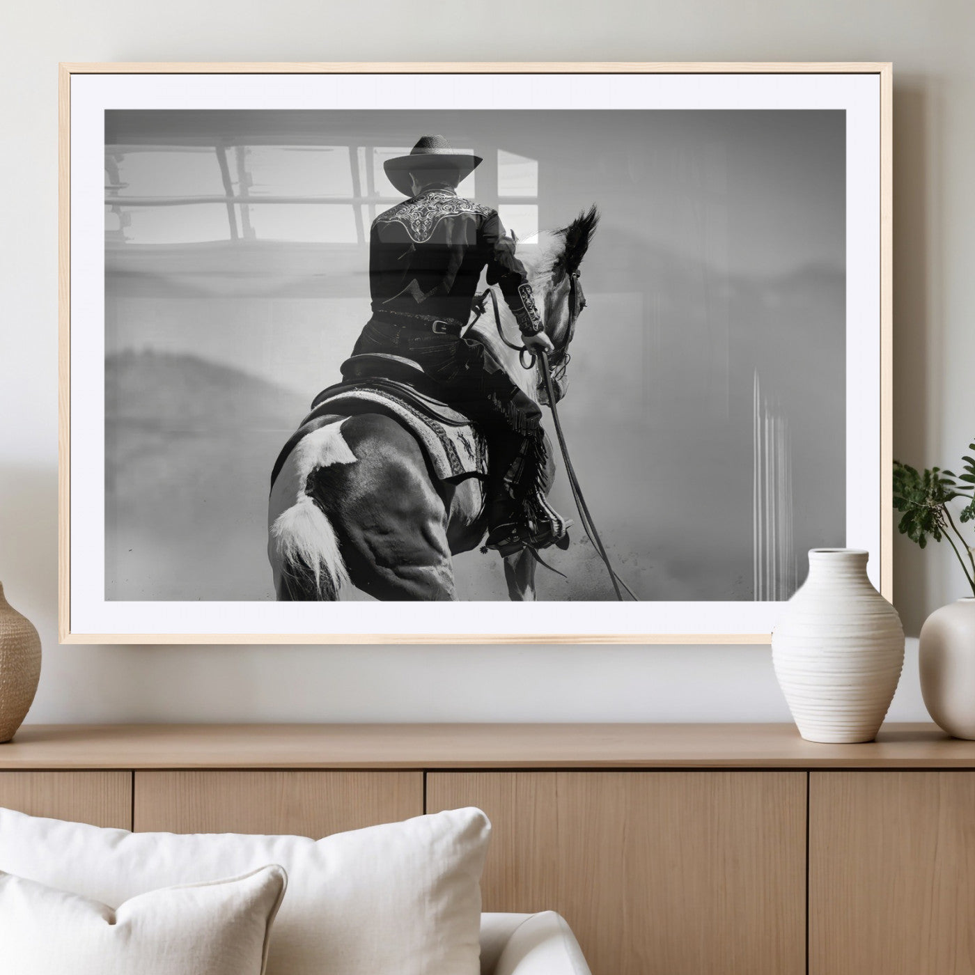 83102464-MGC-FP-36x24_Natural-Western Cowboy Wall Art Canvas Print, Framed Monochrome Horse Art Picture Print, Western Equestrian Perfect Rustic Western Decor