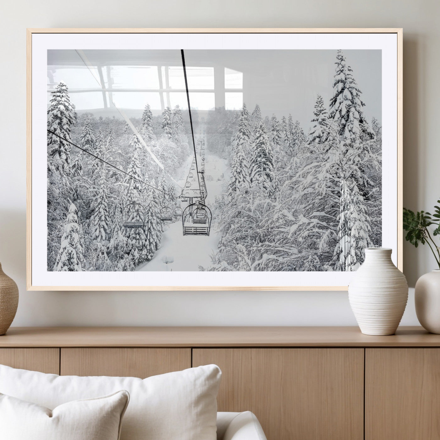 44705668-MGV-CV-36X24-Winter Forest Wall Art Canvas Print, Framed Snowy Forest Art Picture Print, Ski Lift Perfect Scandinavian Decor Artwork