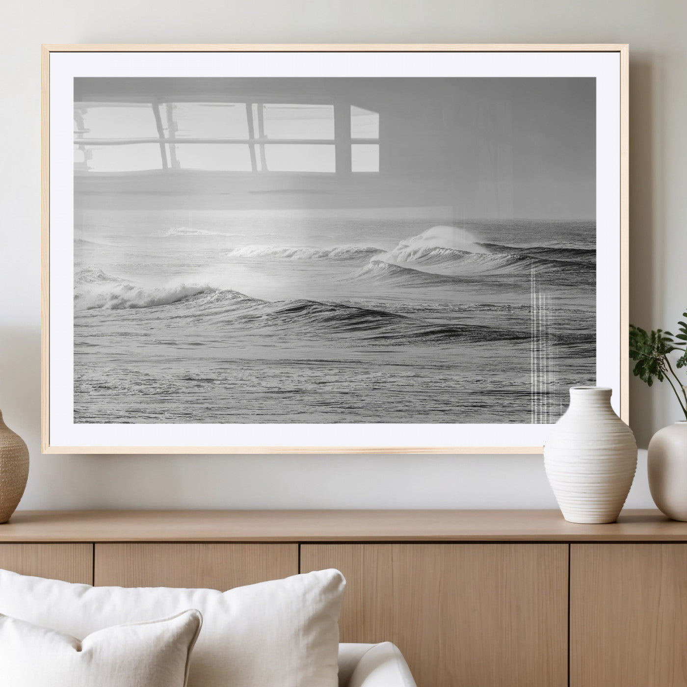 98634812-MGC-FP-36x24_Natural-Black and White Ocean Waves Wall Art – Minimalist Sea Canvas Print, Coastal Photography Decor for Living Room, Bedroom or Office