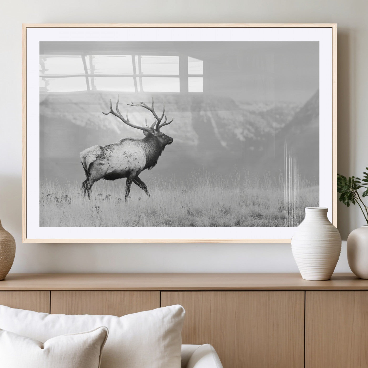 62278753-MGV-CV-36X24-Monochrome Elk Wall Art Canvas Print, Framed Mountain Wildlife Art Picture Print, Rustic Nature Perfect Rustic Minimalist Decor