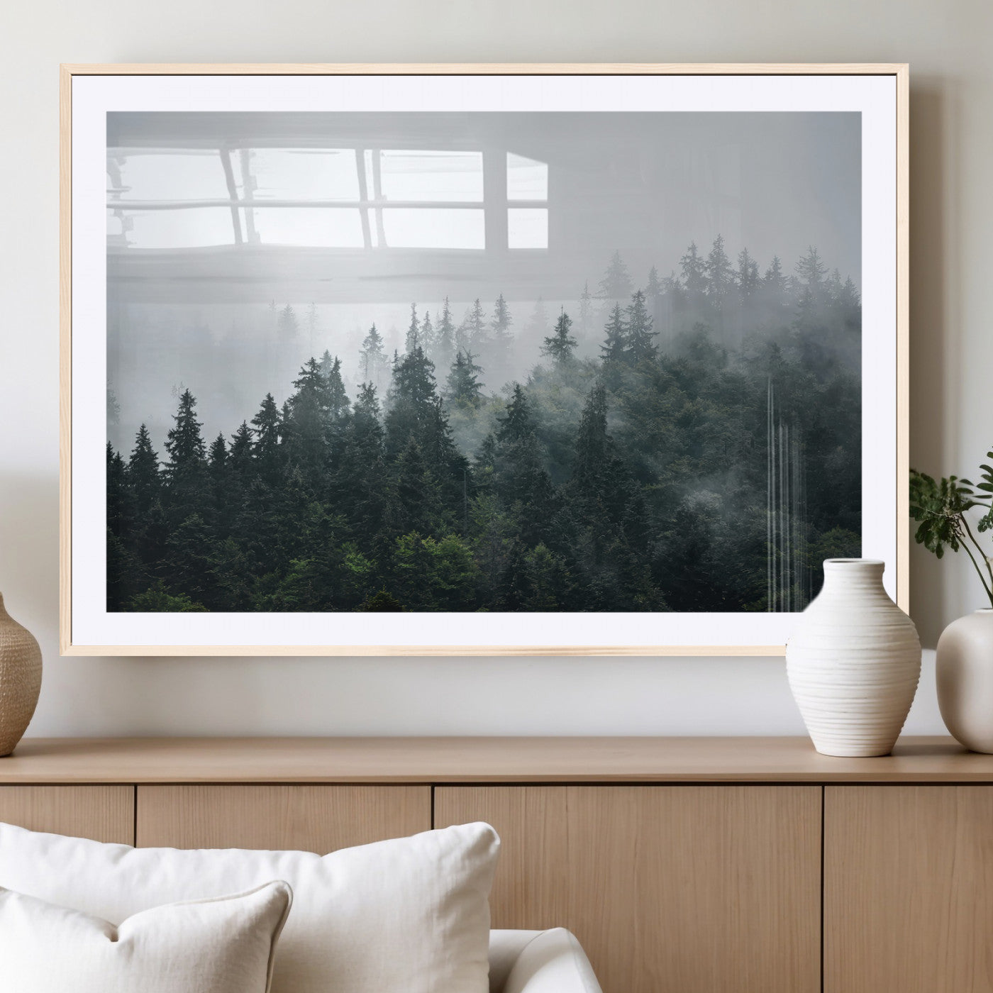 84146572-MGC-FP-36x24_Natural-Foggy Pine Trees Wall Art Canvas Print, Framed Forest Nature Art Picture Print, Evergreen Forest Perfect Scandinavian Minimalist