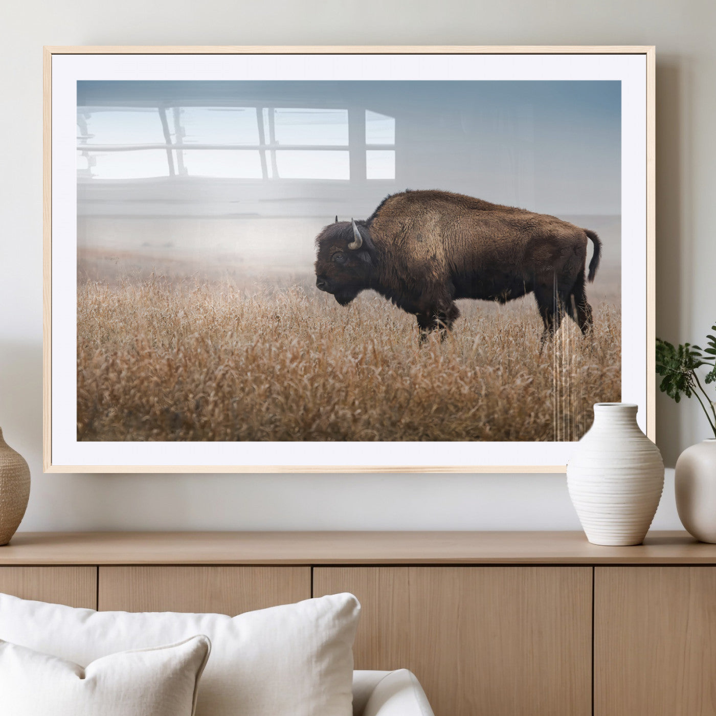 99620201-MGV-CV-36X24-Wild Bison Wall Art Canvas Print, Framed Bison in Prairie Art Picture Print, Rustic Western Perfect Rustic Western Decor Artwork