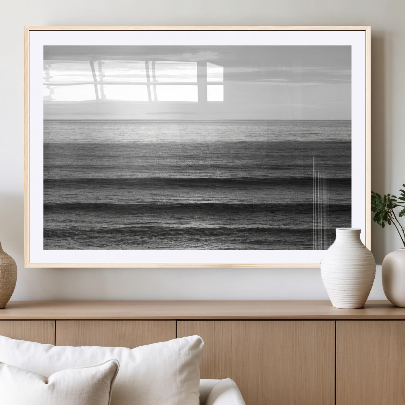 47305203-MGV-CV-36X24-Monochrome Ocean Wall Art Canvas Print, Framed Moody Ocean Art Picture Print, Calm Ocean Perfect Minimalist Coastal Decor Artwork